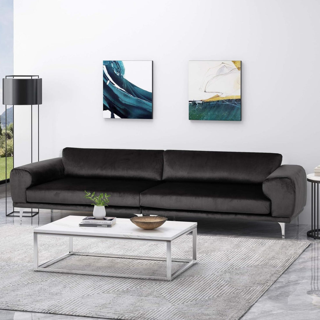 Luxurious Black Velvet 4 Seater Sofa With Ultra Soft Cushions, Metal Silver Legs Decor With Exquisite Craftsman, And Timeless Elegance, Perfect For Elevating Modern And Sophisticated Living Spaces Black Velvet Wood Primary Living Space Pillow Back Soft