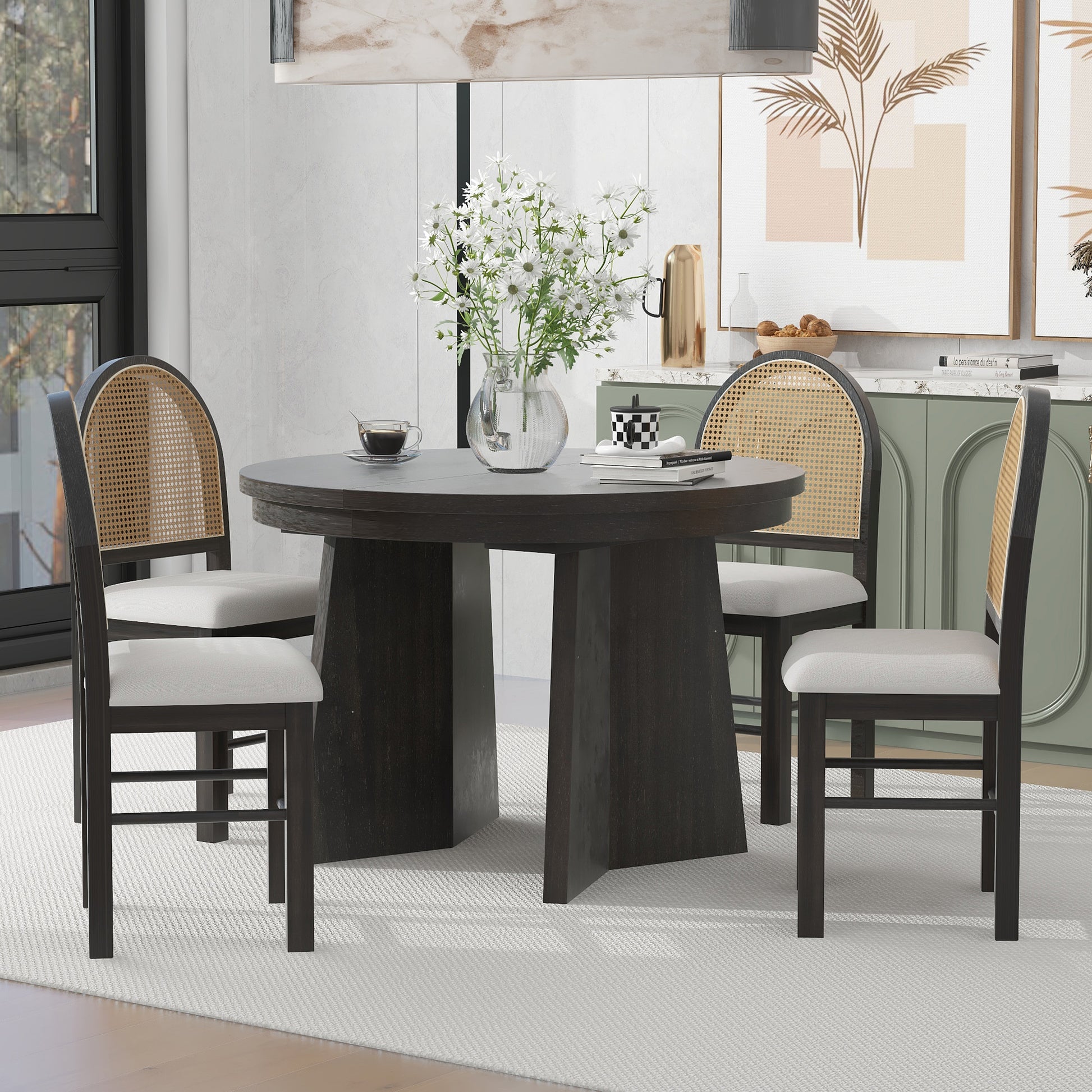 5 Piece Retro Functional Dining Set With 1 Extendable Dining Table And 4 Upholstered Chairs With Rattan Backrests For Dining Room And Kitchen Espresso Espresso Solid Wood Mdf