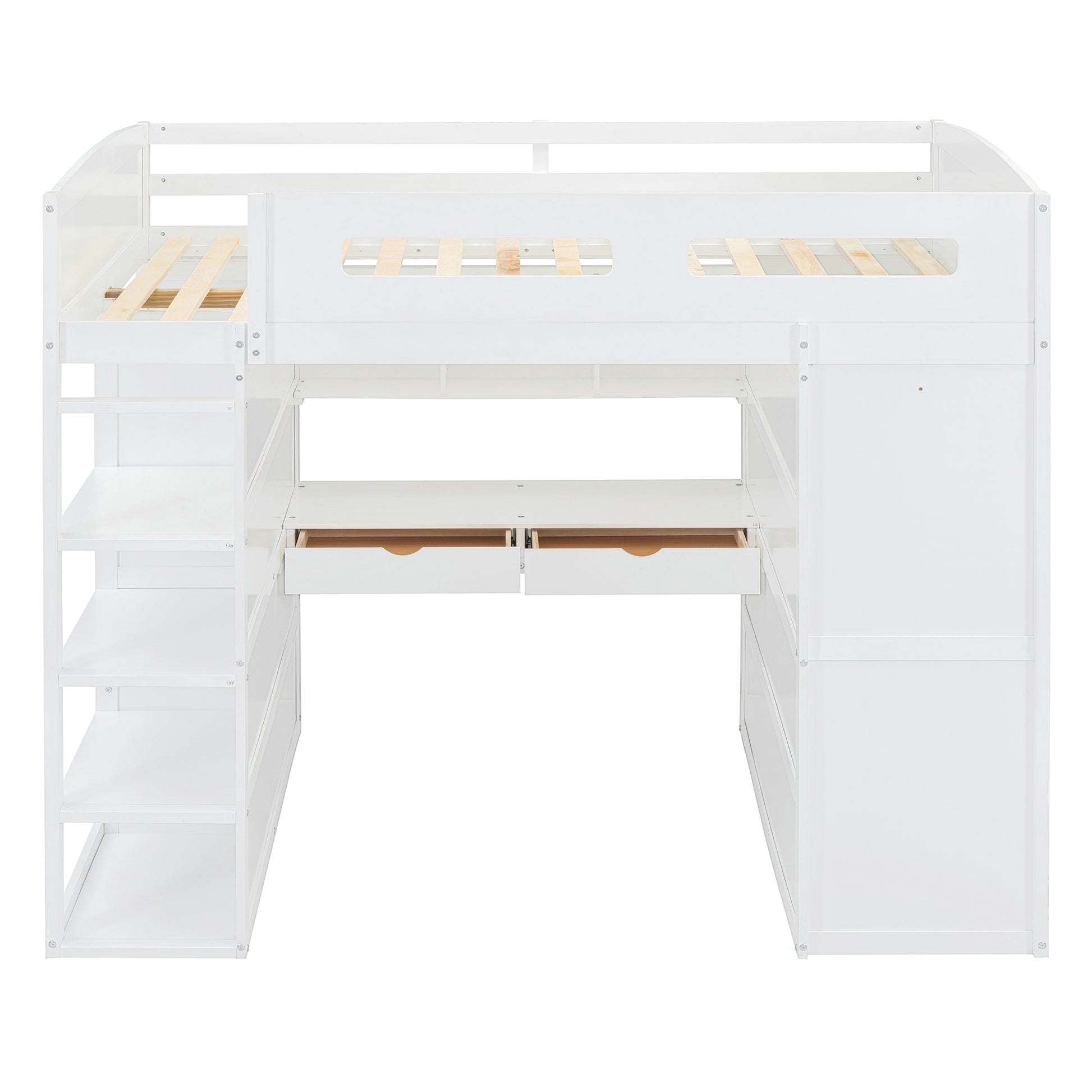 Full Size Loft Bed With Desk, Wardrobes, 4 Drawers And 4 Shelves White Full White Solid Wood