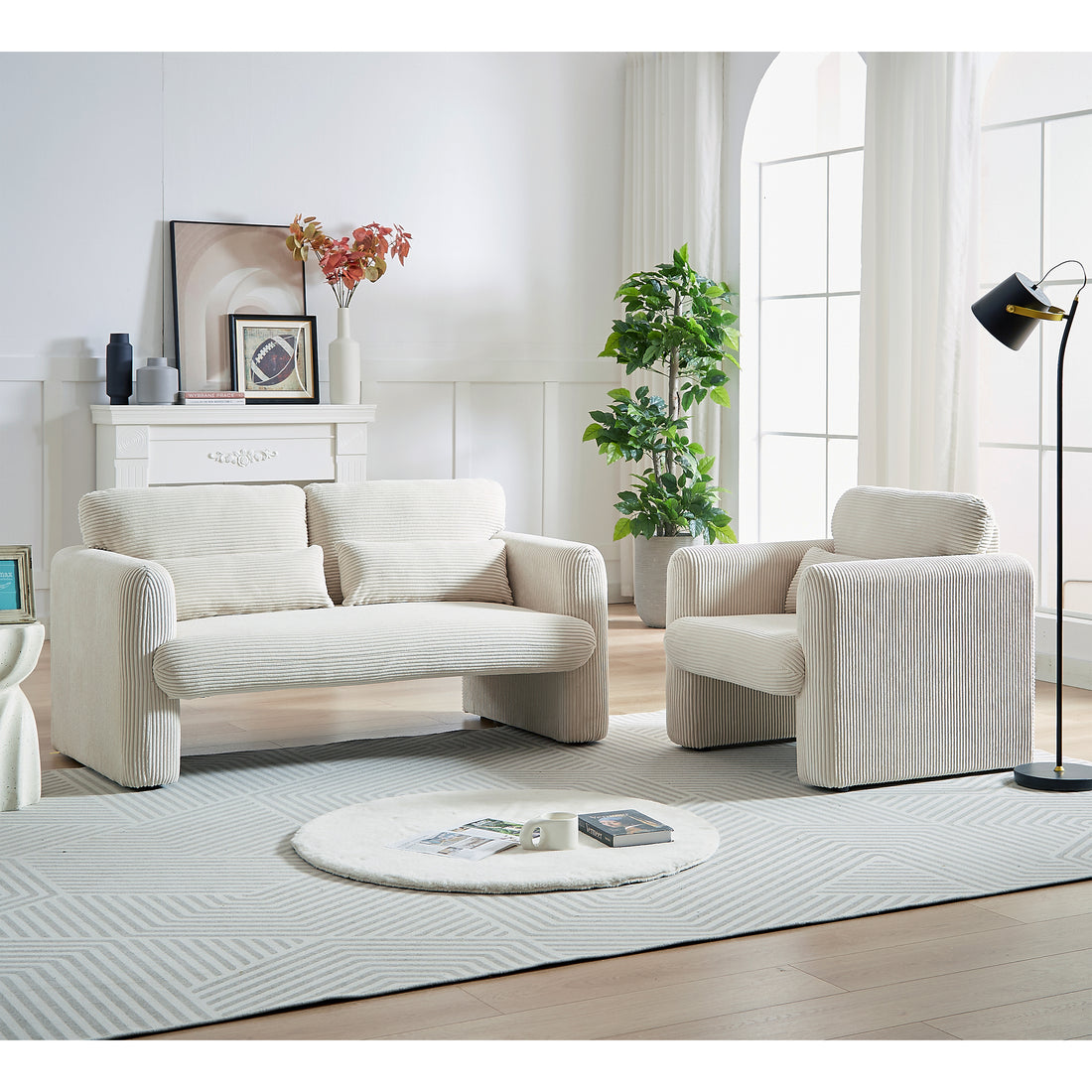 60"Corduroy Fabric Sofa With 33" Single Sofa, Modern Sofa With Support Pillow, For Apartment, Office, Living Room & Bedroom Beige Corduroy 2 Seat