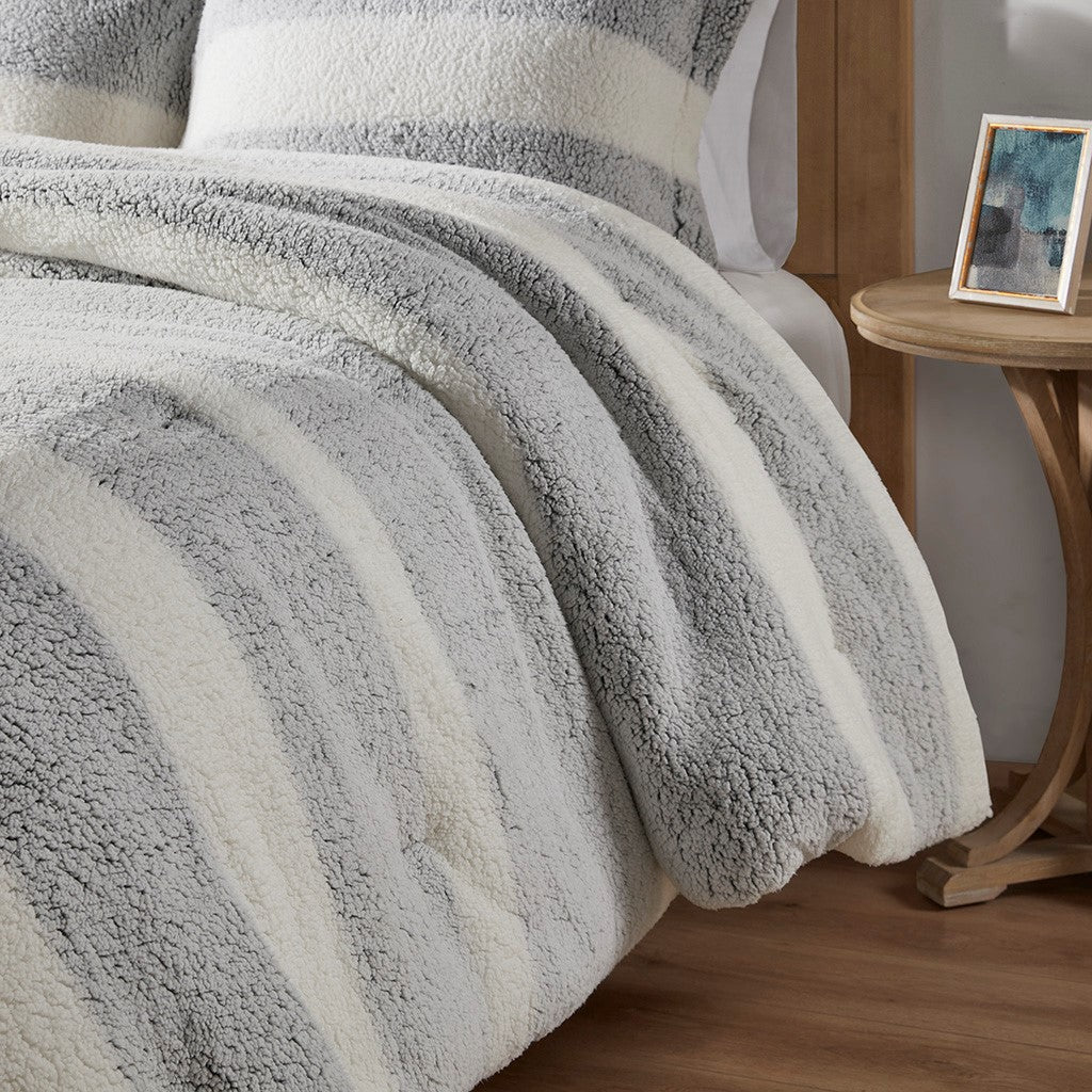 Sherpa Comforter Set King Grey Ivory Polyester