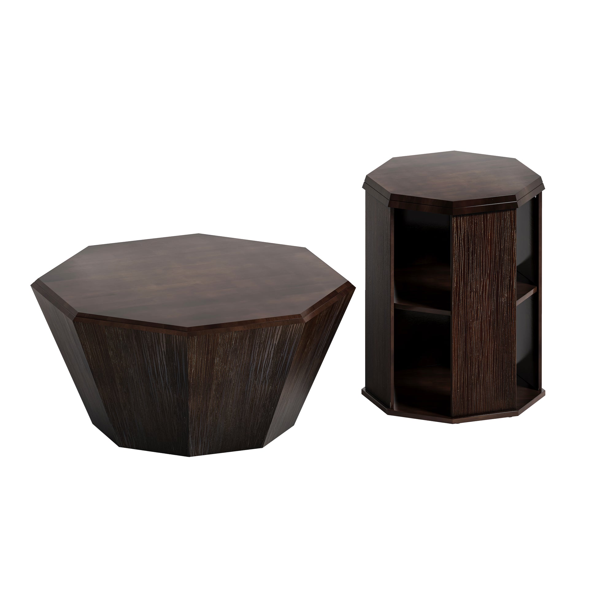 31.5 "Octagonal Black Walnut Rubber Wood Set Of Two Coffee Table, Coffee Table, Living Room Bedroom Set Of Two Pieces Walnut Rubber Wood