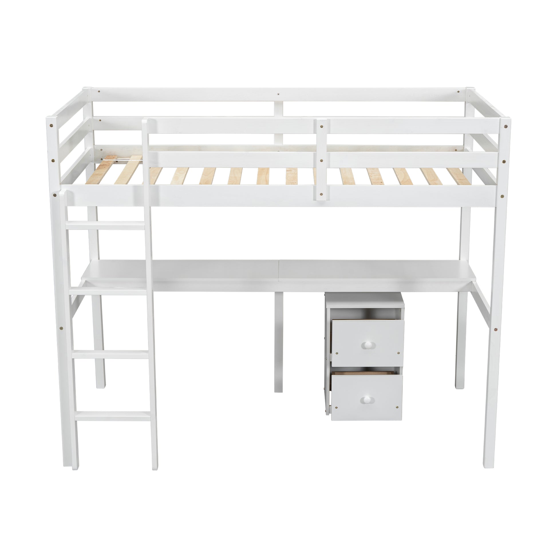 Twin Loft Wood Bed With Under Bed, Built In Desk, A Storage Cabinet Of 2 Drawers, Guardrails, Ladder,White Twin White Pine