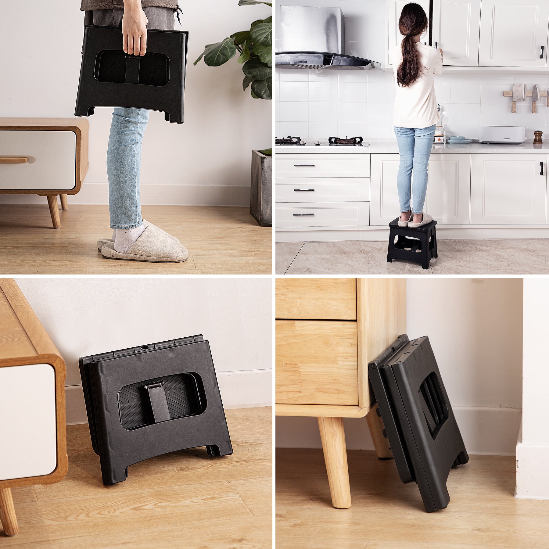 9In Folding Step Stool, Compact, Portable, Non Slip, 300 Lbs. Weight Capacity For Adults And Children. Secure Non Slip Top And Rubber Feet, Great For Home And Camping, Black Color Black