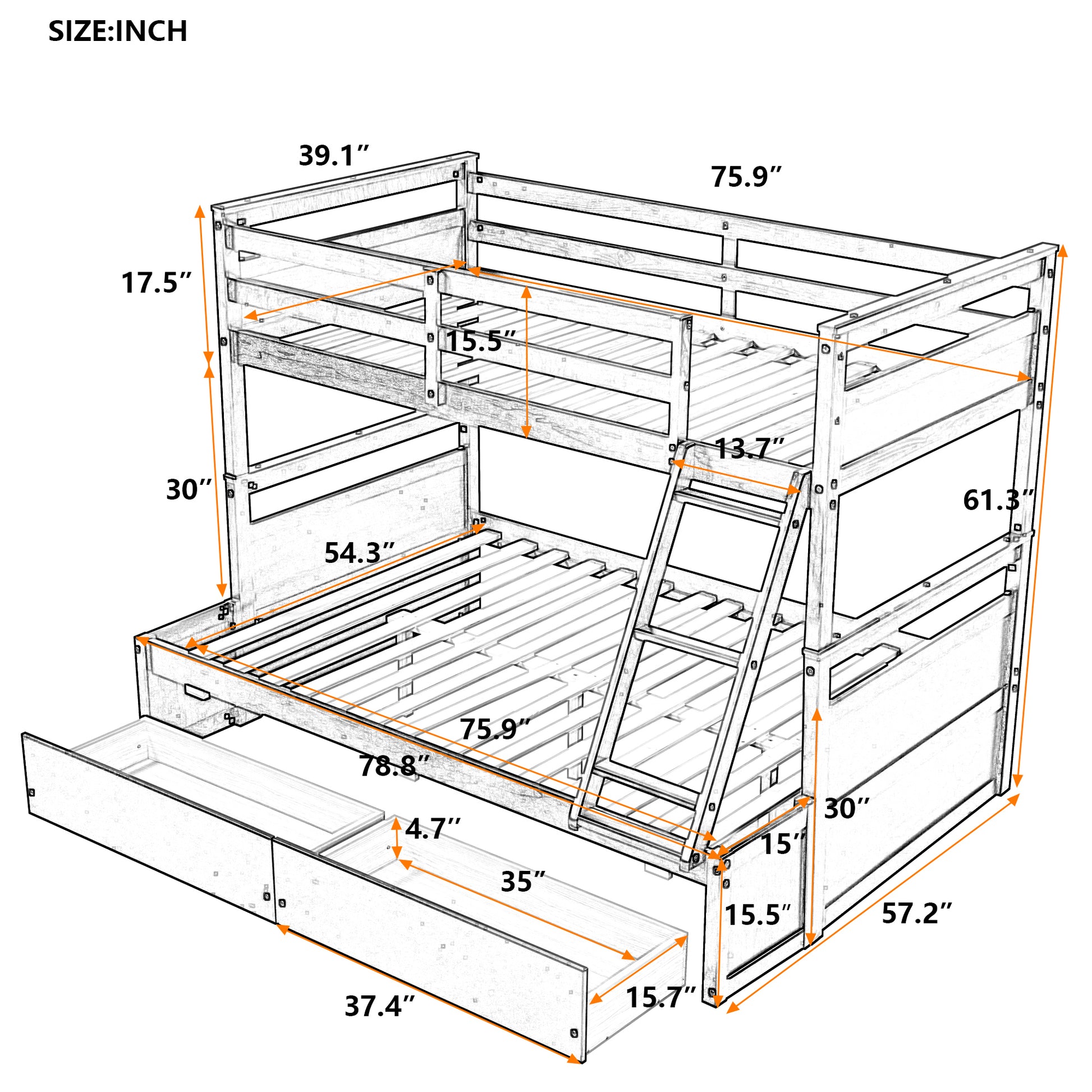 Twin Over Full Bunk Bed With Storage Gray Old Sku :Lp000022Aae Twin Gray Solid Wood