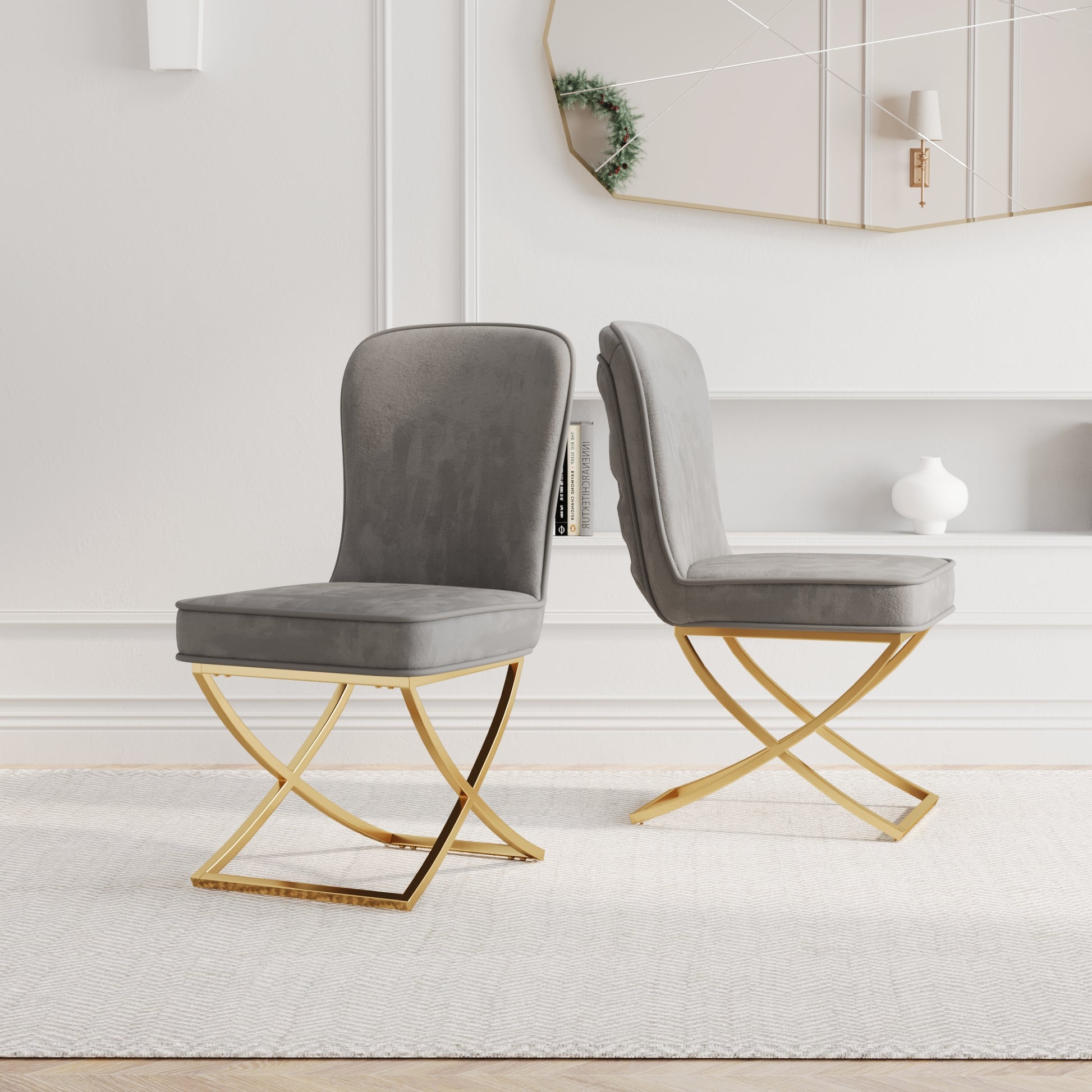 Dining Chair Set Of 2, Grey Velvet Backrest And Golden Metal Legs.For Modern Kitchen Dining Room Chair For Kitchen Living Modern Decorative Leisure Chairs Office Chairs Grey Dining Room Modern Foam Velvet