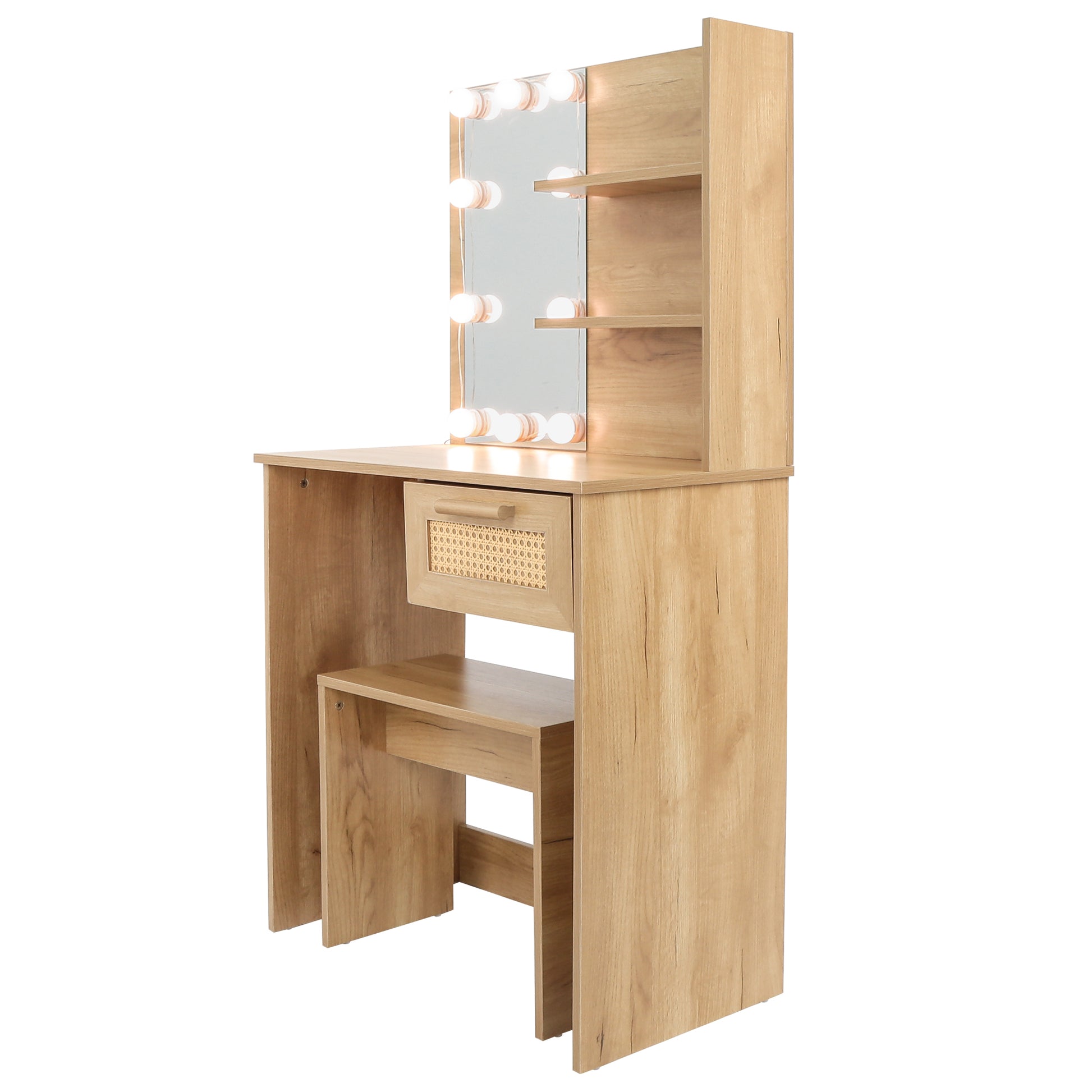 Vanity Desk Set Stool & Dressing Table With Led Lighting Mirror Drawer And Compartments Modern Wood Cosmetic Table Chest Of Drawers Nature Color Natural Wood Particle Board