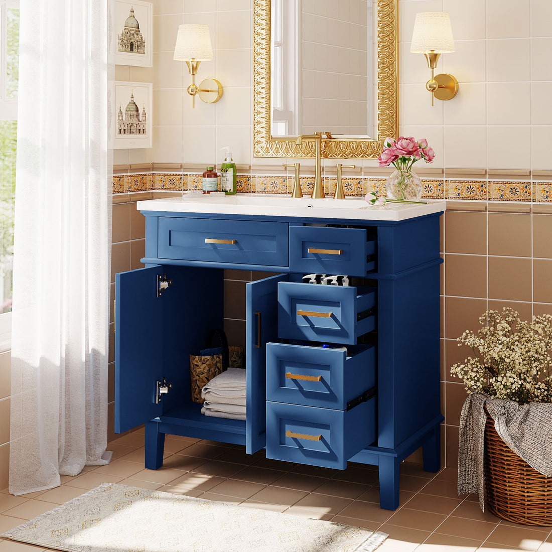 36 Inch Bathroom Vanity With Resin Sink, Modern Bathroom Cabinet In Blue, Featuring Two Soft Close Doors And Four Drawers Blue Bathroom Solid Wood Mdf Resin