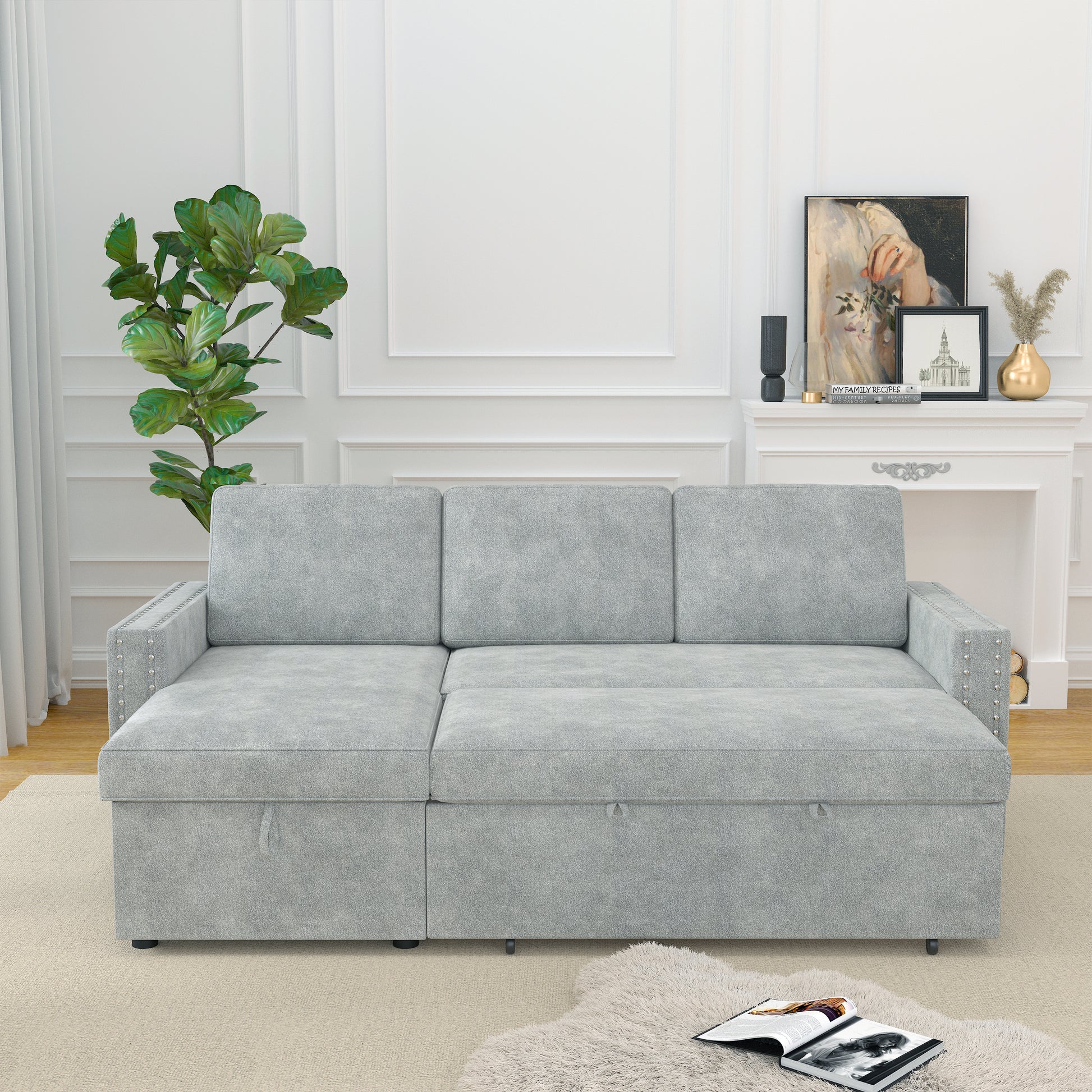 85 Inches Sofa Bed, 3 Seater Sleeper Sofa With Storage Chaise, Square Handrail With Pull And Copper Nail,Chenille Light Grey, Pull Out Couch For Living Room Light Grey Chenille 3 Seat