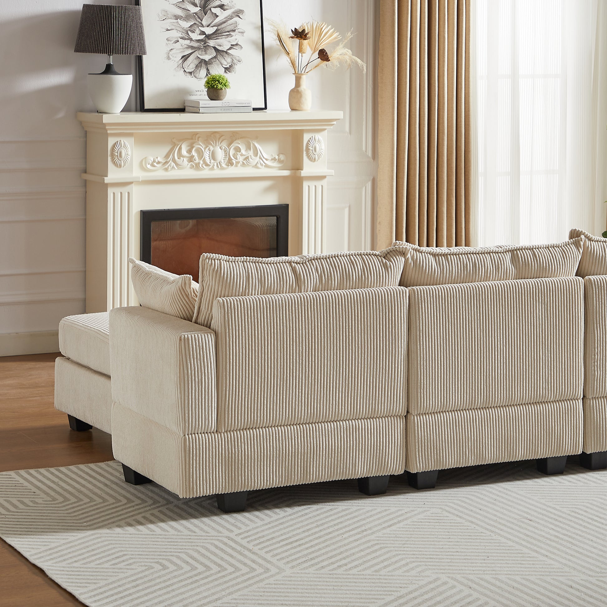 113.5'' Modular Sectiona Corduroy Sofa, Sectional Couches For Living Room U Shaped Sectional Couch With Storage Ottoman, 6 Seats Convertible Sectionals With Chaise Beige Corduroy 3 Seat
