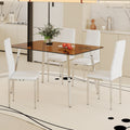 Table And Chair Set.Large Modern Rectangular Table With Brown Glass Top And Silver Metal Legs. Paired With 4 White Chairs With Checkered Armless High Back Pu Cushion And Silver Metal Legs. Silver,White Seats 4 Glass Metal