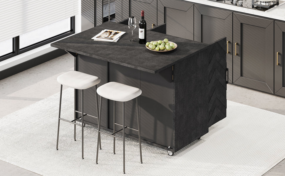 K&K 51.2"W 3D Wave Stripes Ash Veneer Not Cheap Paper Kitchen Island With Drop Leaf, Farmhouse Kitchen Island On Wheels With Internal Storage Rack, Rolling Kitchen Cart Black Black Brown Kitchen