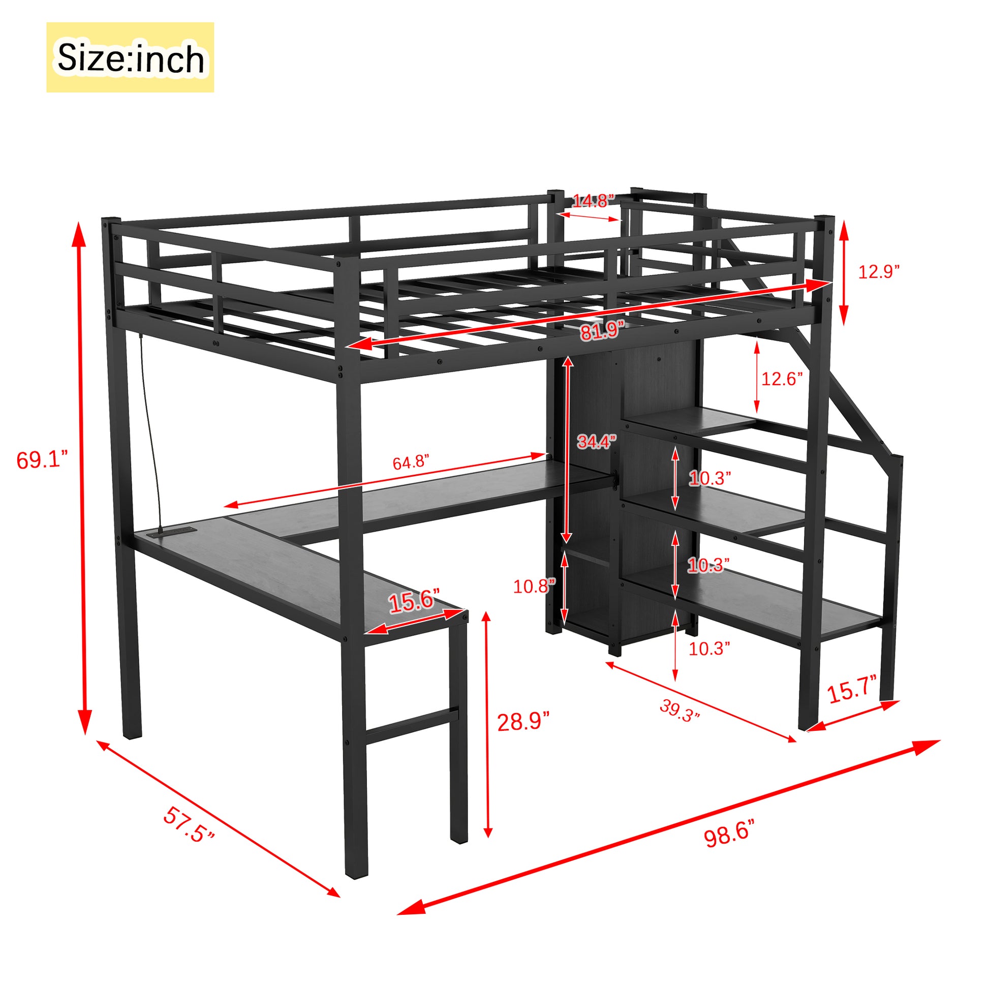 Full Xl Size Loft Bed With L Shaped Desk And Usb, Metal Loft Bed With Wardrobe And Adjustable Shelf, High Loft Bed With Led For Kids Teens Adults, Black Expect Arrive 2024 10 10 Full Xl Black Metal