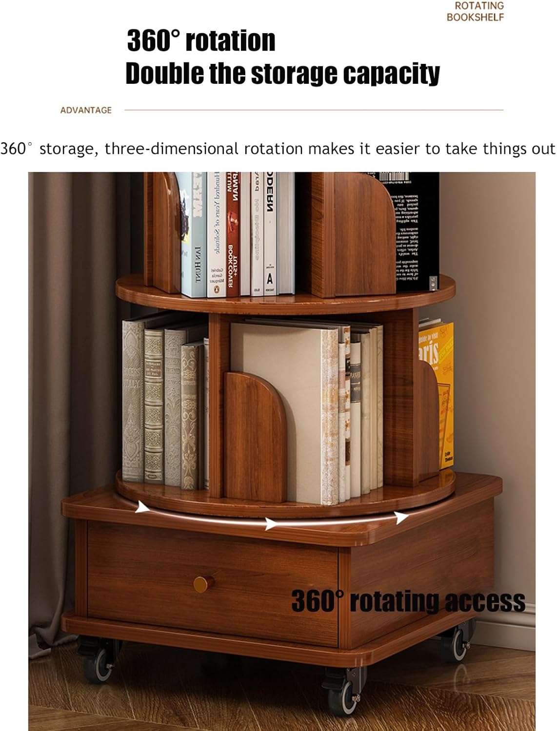 Rotating Bookshelf, 360 Display Corner Bookshelf For Small Space, 6 Tier Bookcase Storage Rack With Wheels, Wood Narrow Organizer For Bedroom, Living Room, Study Room, Walnut Brown Walnut Brown Mdf