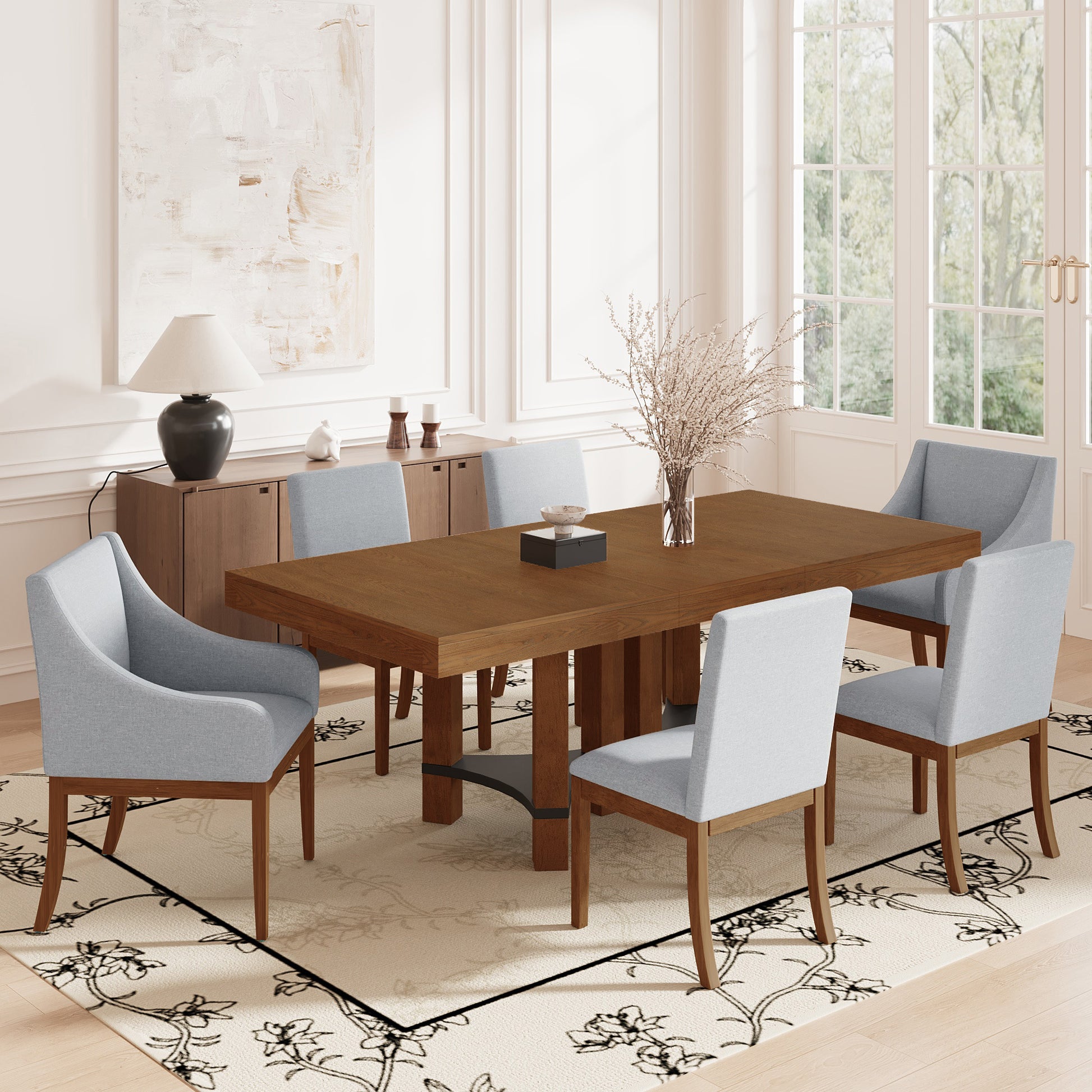 Rustic 7 Piece 76.4Inch Extendable Dining Table Set With 18Inch Removable Leaf, 2 Arm Chairs And 4 Armless Chairs, Brown Wood Dining Room Solid Wood Rubberwood Rectangular Dining Table With Chair Upholstered Chair Wood Brown Seats 6 Removable Leaf