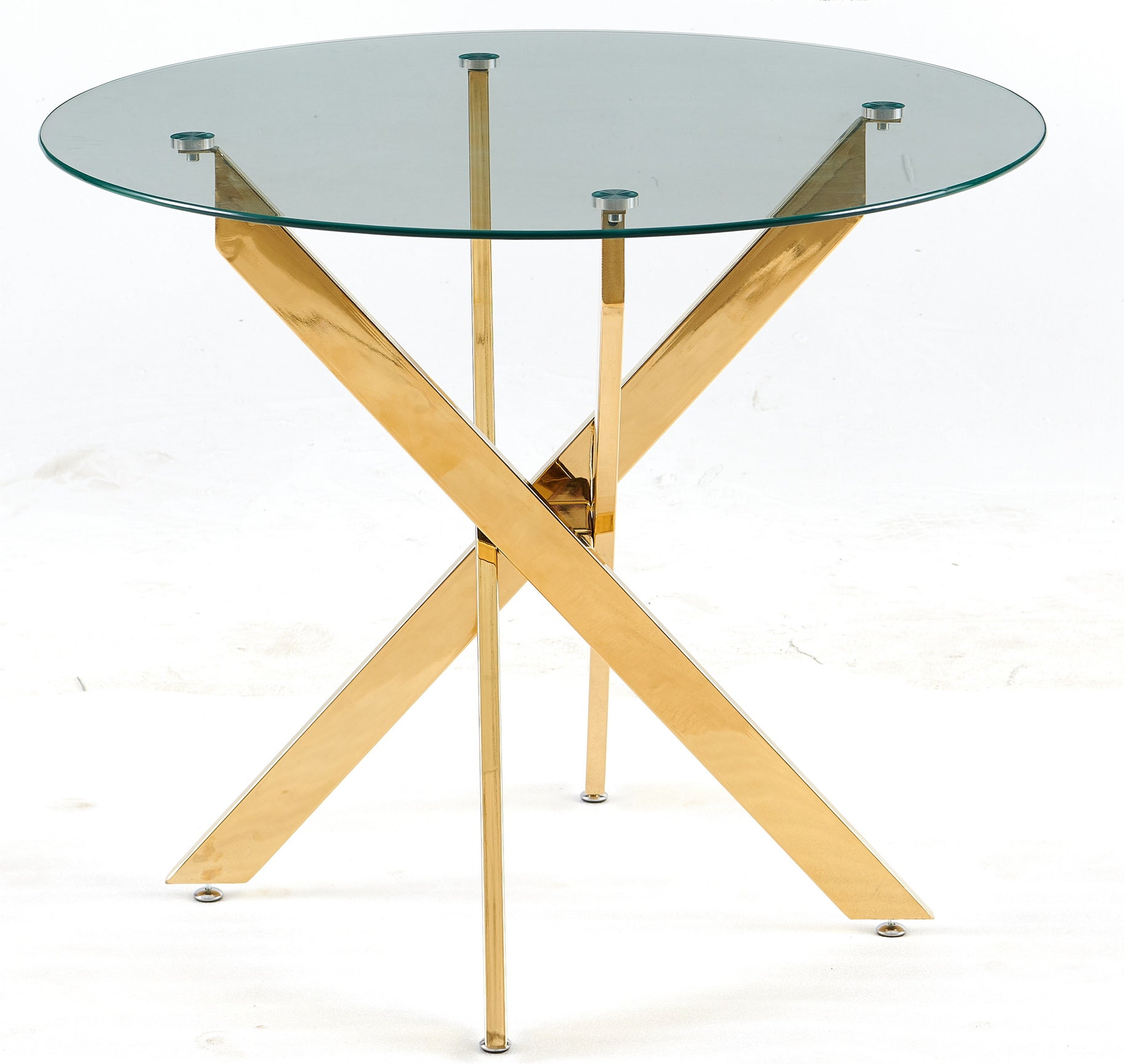 Golden Dining Table With Cross Metal Leg And Glass,Modern Space Saving Kitchen Table For Living Room Golden Glass Metal