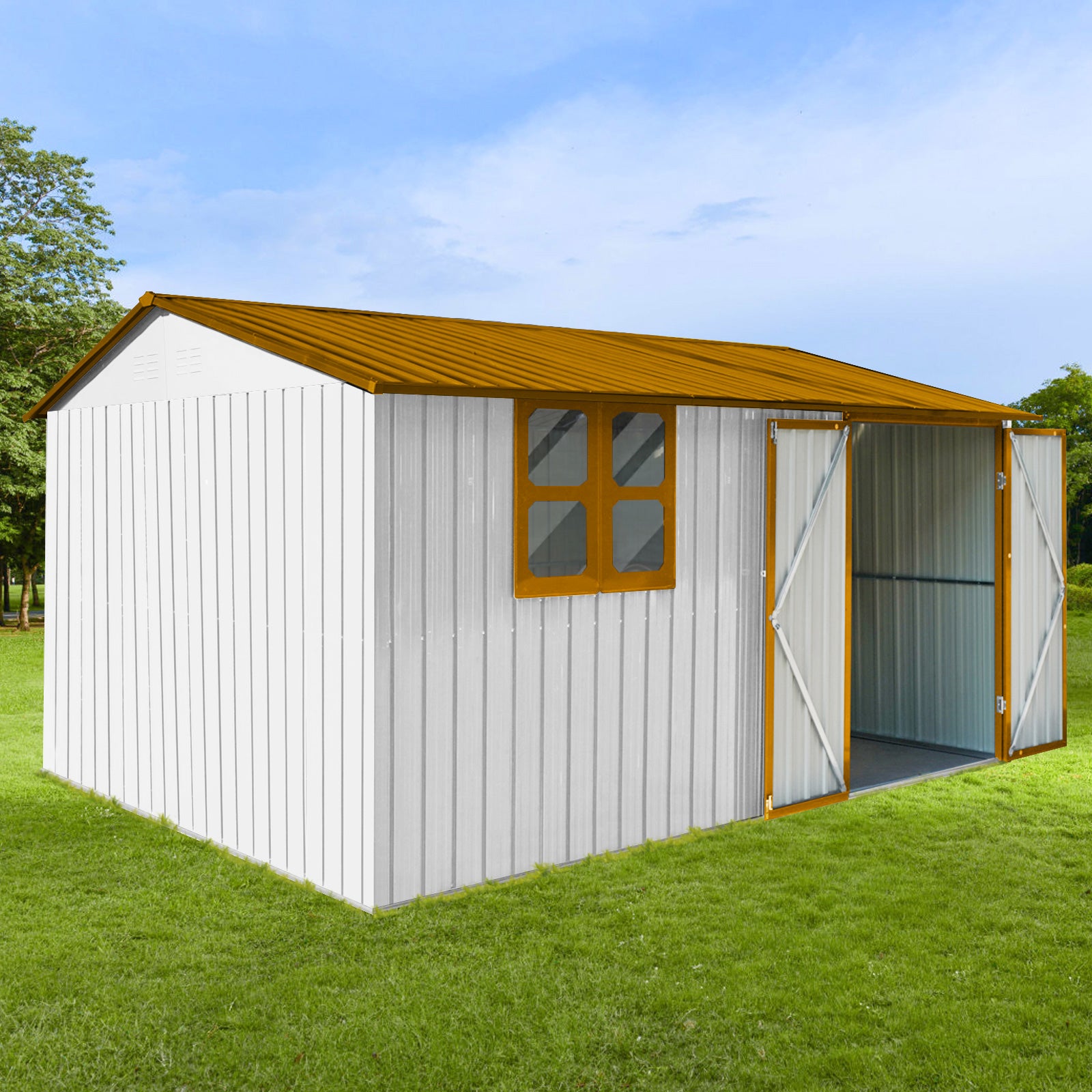 Metal Garden Sheds 10Ftx12Ft Outdoor White Yellow With Window Yellow White Metal