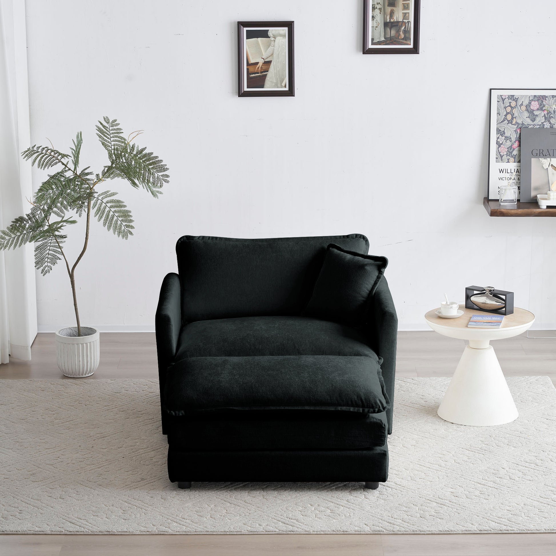 Modern Accent Chair With Ottoman, Living Room Club Chair Chenille Upholstered Armchairreading Chair For Bedroom, Black Chenille Black Chenille 1 Seat