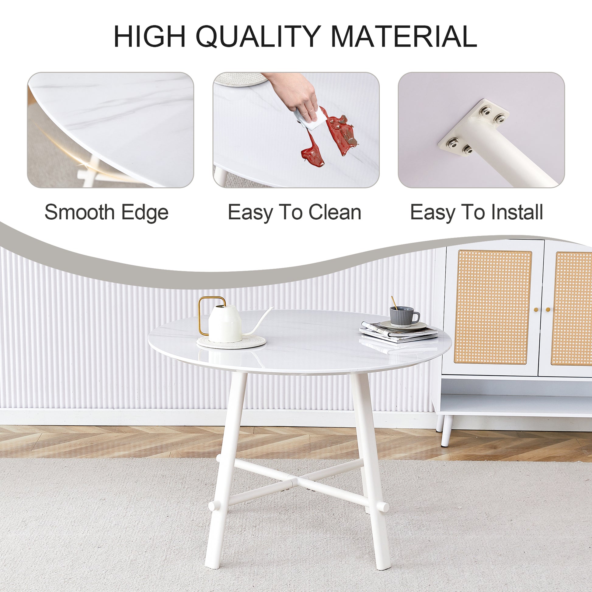 A Modern Minimalist Circular Dining Table With A 42 Inch Diameter White Patterned Tabletop And White Metal Legs. Suitable For Restaurants, Living Rooms, And Conference Rooms. White Mdf Metal