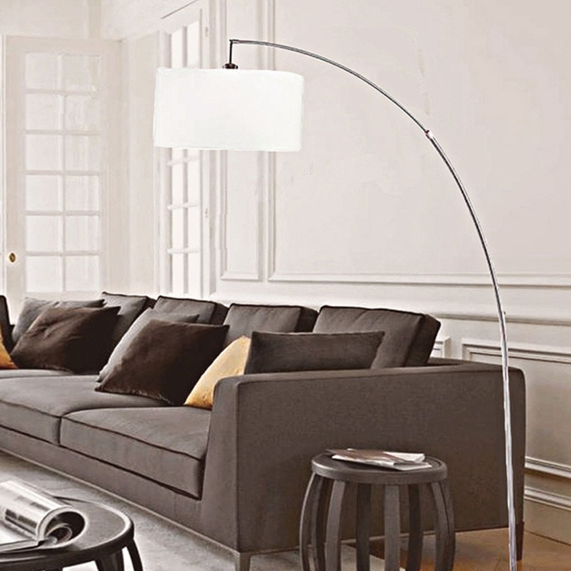 86" Tall Metal Floor Arc Lamp "Allegro", White And Brushed Silver Multicolor Metal