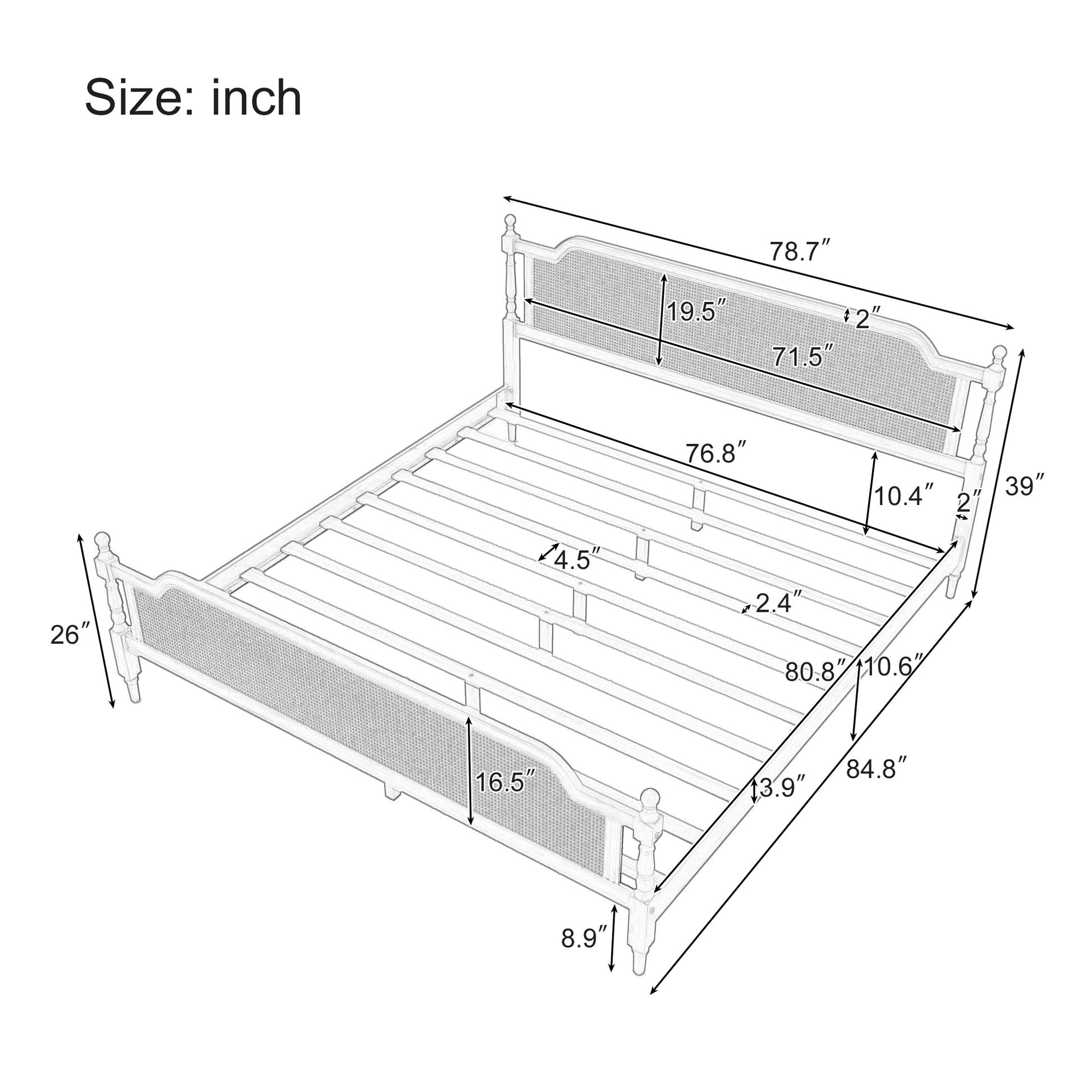 Traditional Style Rattan King Size Bed Frame,No Box Spring Needed,Antique Walnut Box Spring Not Required King Walnut Wood Bedroom Traditional,Vintage Bed Frame Wood