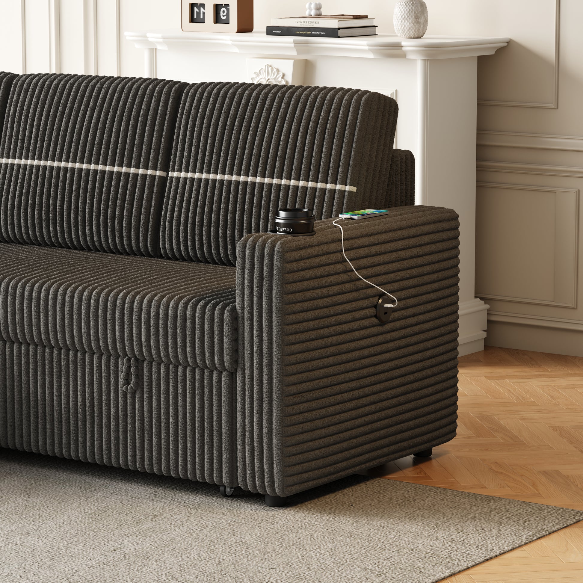 85 Inches Corduroy Sofa Bed, 3 Seater Sleeper Sofa With Storage Chaise, Square Handrail With Two Cup Holder And Usb Charge Port, Pull Out Couch For Living Room Dark Grey Corduroy 3 Seat