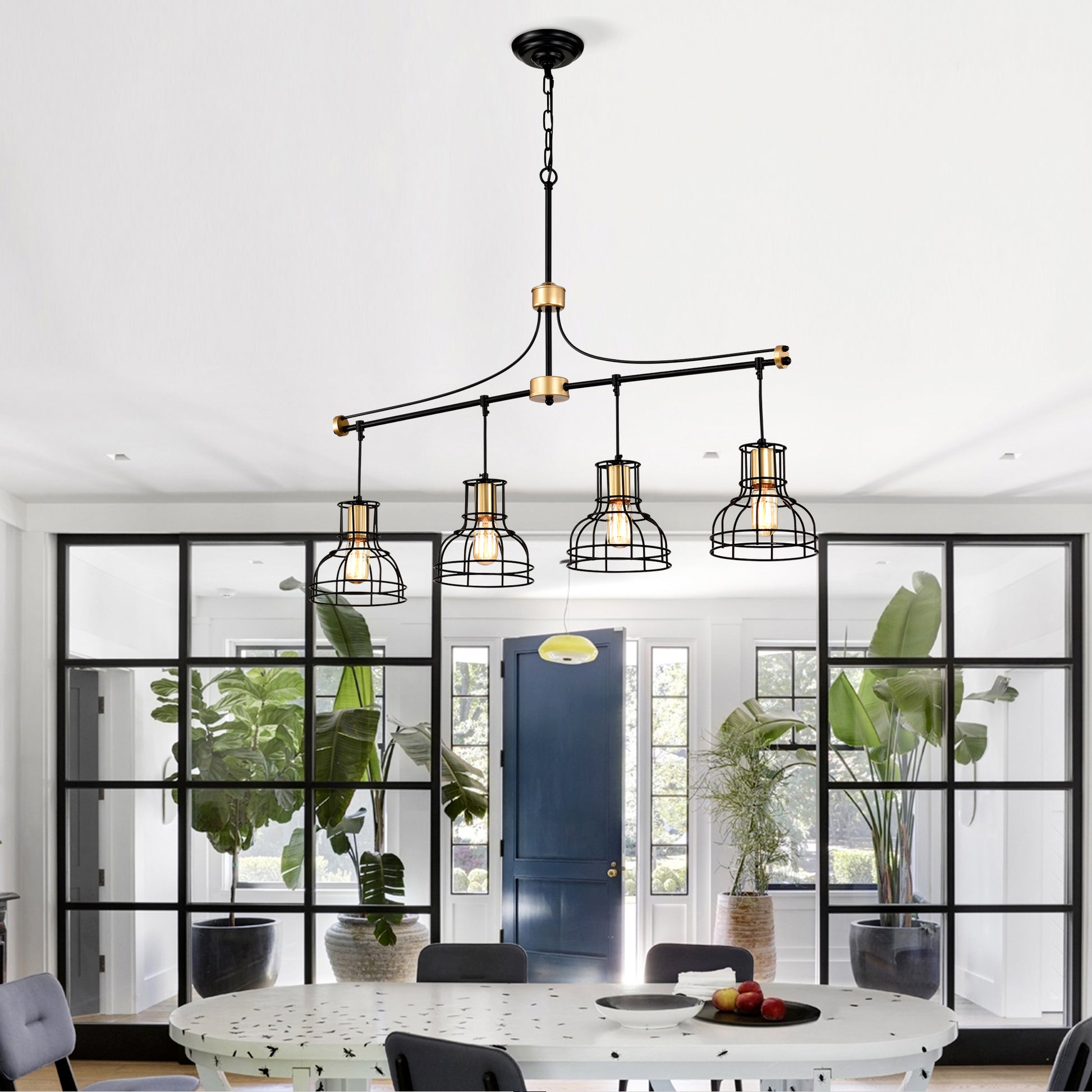 Dining Room Light Fixture Chandelier Over Table, 40 Inch Hanging For Farmhouse Linear Chandeliers,4 Light Kitchen Island Lighting,Matte Black And Matte Gold Ceiling Chandelier,With Metal Lampshade