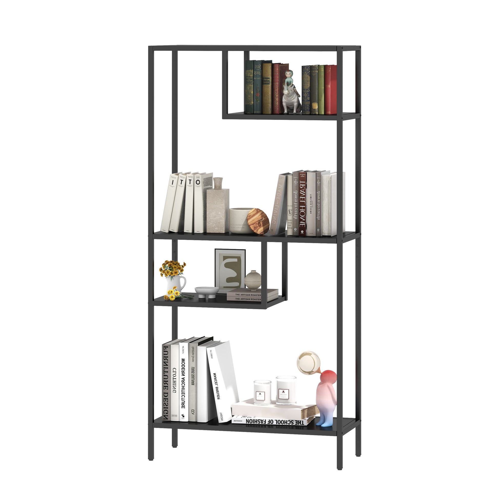 Modern Storage Shelf With 4 Compartments & Metal Legs, Freestanding Organizer,Book Shelves Display Shelves For Living Room, Bedroom, Home Office 4 Black Standard Primary Living Space Open Back Metal