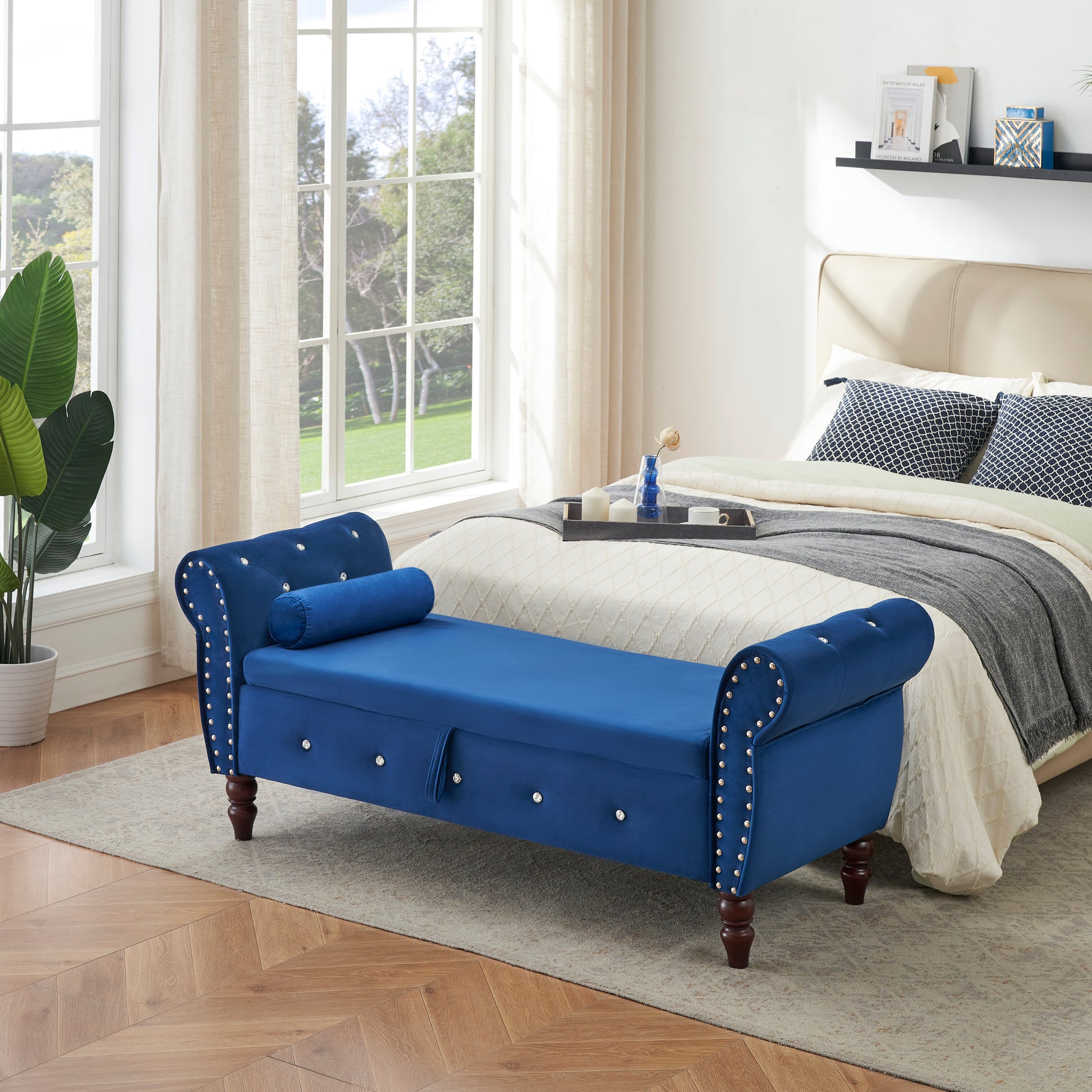 63.38"Velvet Multifunctional Storage Rectangular Ottoman Bench Comes With Crystal Buckle Solid Wood Legs With 1 Pillow,Blue Blue Velvet