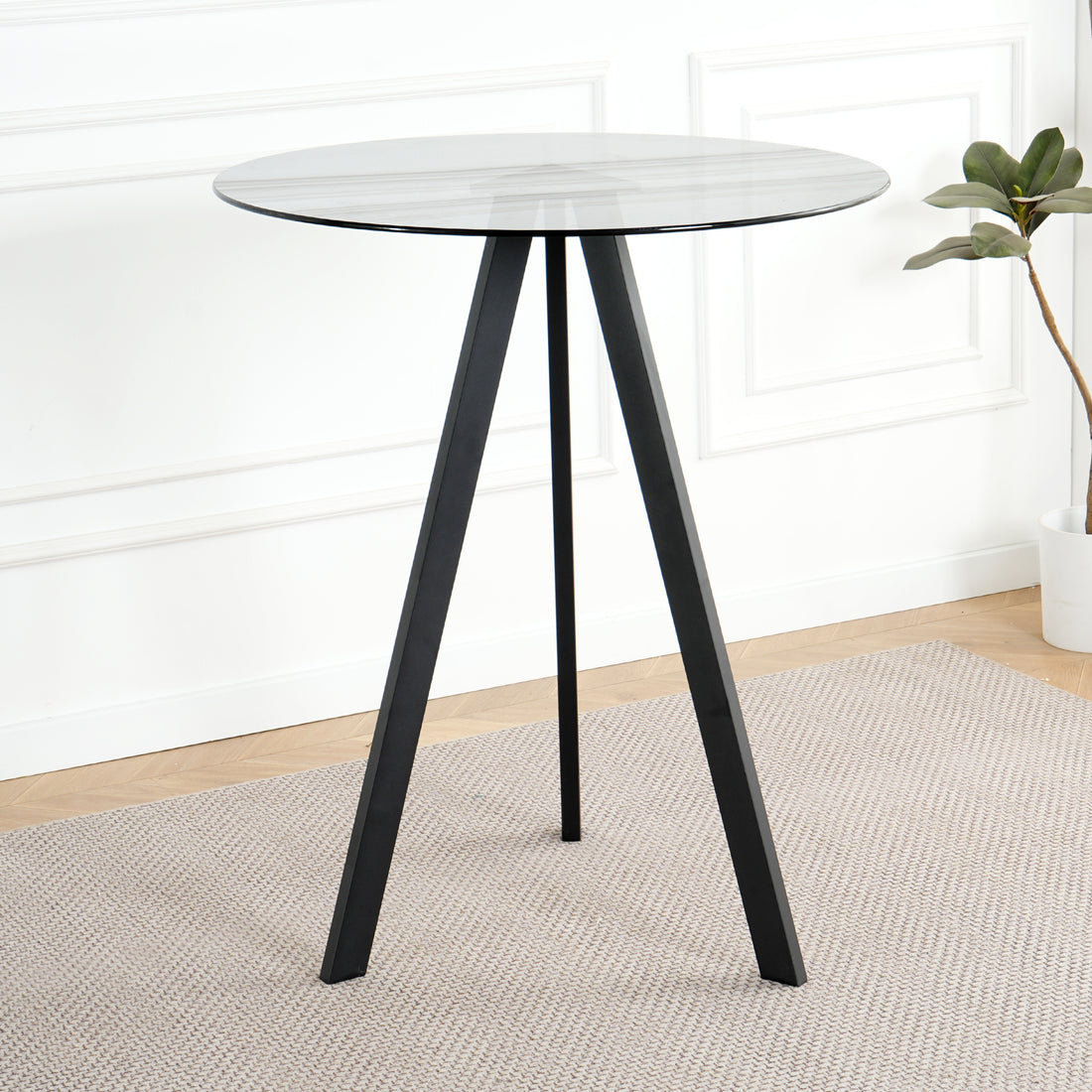 Modern Kitchen Glass Dining Table Round Tempered Glass Grey 31.5" Bar Table Top,Clear Bar Table Metal Legs,Black Legs Set Of 1 Grey Round Glass