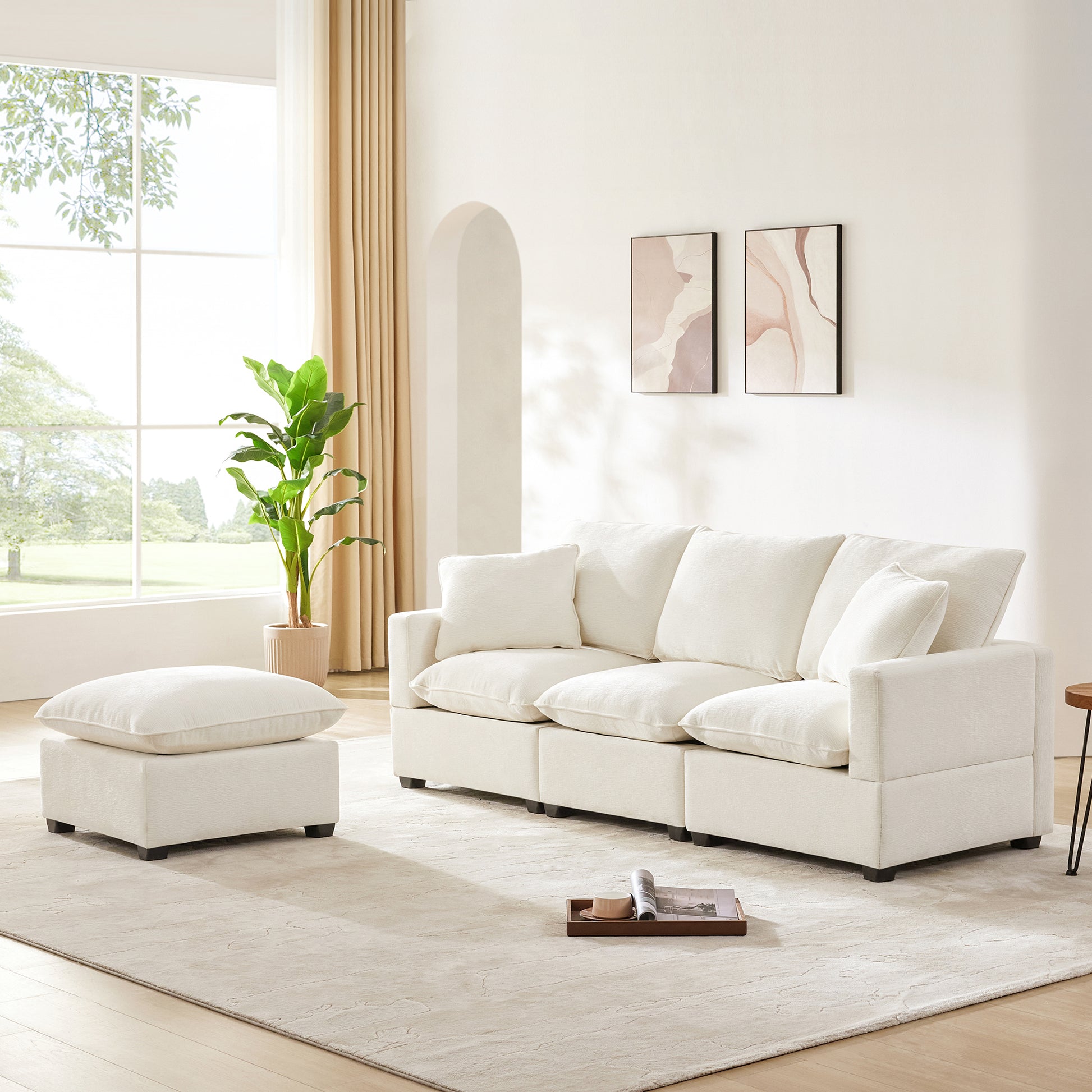 84*57" Modern Modular Sofa, 4 Seat Chenille Sectional Couch Set With 2 Pillows Included, Freely Combinable Indoor Funiture For Living Room, Apartment, Office, 2 Colors White Chenille 4 Seat