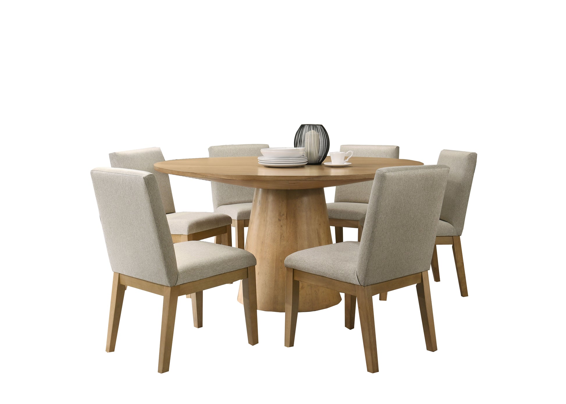 Jasper Driftwood Finish 7 Piece 59"W Round Dining Table Set With Beige Fabric Chairs Wood Wood