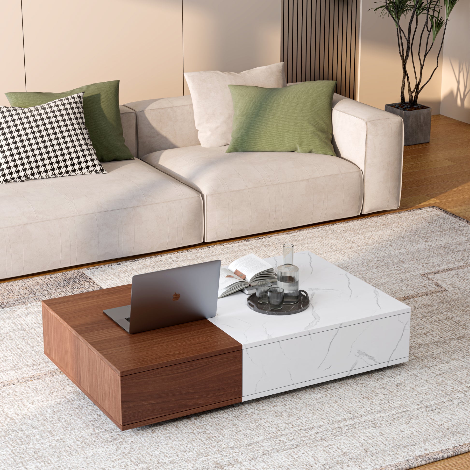 Modern Style Walnut Coffee Table With Two Storage Spaces Walnut Brown White Primary Living Space Rectangular Coffee & End Tables Wood