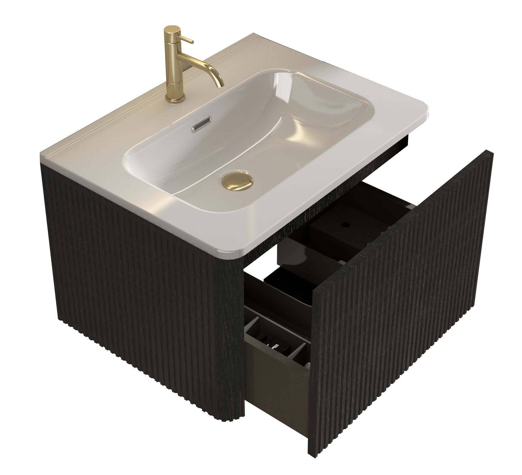 U056 Etna24W 308 Etna 24" Striped Brushed Black Oak Floating Bathroom Vanity With White Ceramic Sink, Bathroom Vanity For Modern Bathroom, One Piece White Sink Basin Without Drain, Pre Assembled