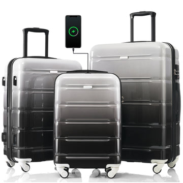 Luggage Set Of 3, 20 Inch With Usb Port, Airline Certified Carry On Luggage With Cup Holder, Abs Pc Hard Shell Luggage With Spinner Wheels, Black Black Gery Abs Pc