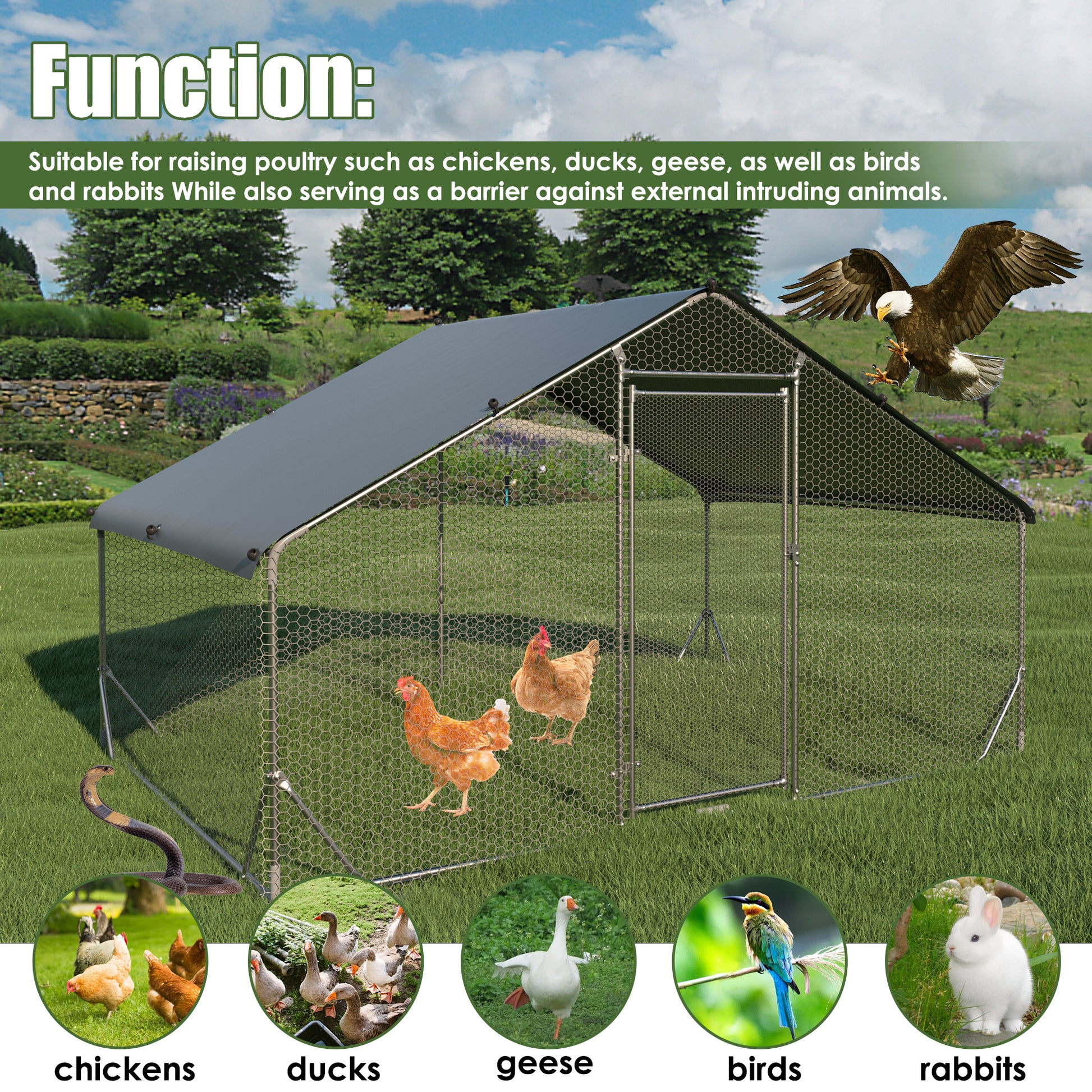 Large Metal Chicken Coop Upgrade Three Support Steel Wire Impregnated Plastic Net Cage, Oxford Cloth Silver Plated Waterproof Uv Protection, Duck Rabbit Sheep Bird Outdoor House 9.8'W X 6.6'L X 6.5'H Silver Metal