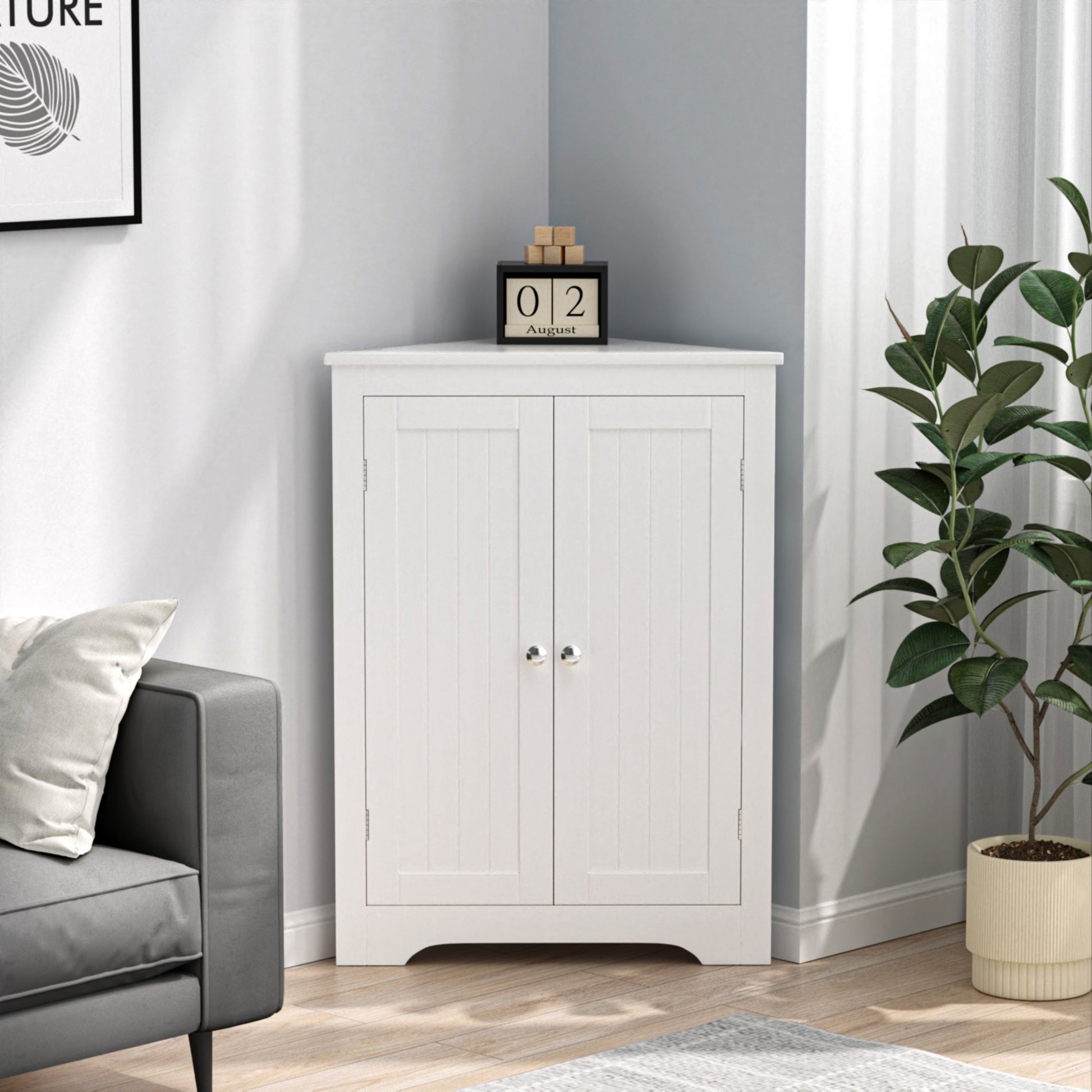 Floor Corner Cabinet With 2 Doors And Adjustable Shelves, Freestanding Narrow Cabinet Organizer, Corner Storage Cabinets For Bathroom, Kitchen, Living Room, Or Bedroom, White White 1 Mdf