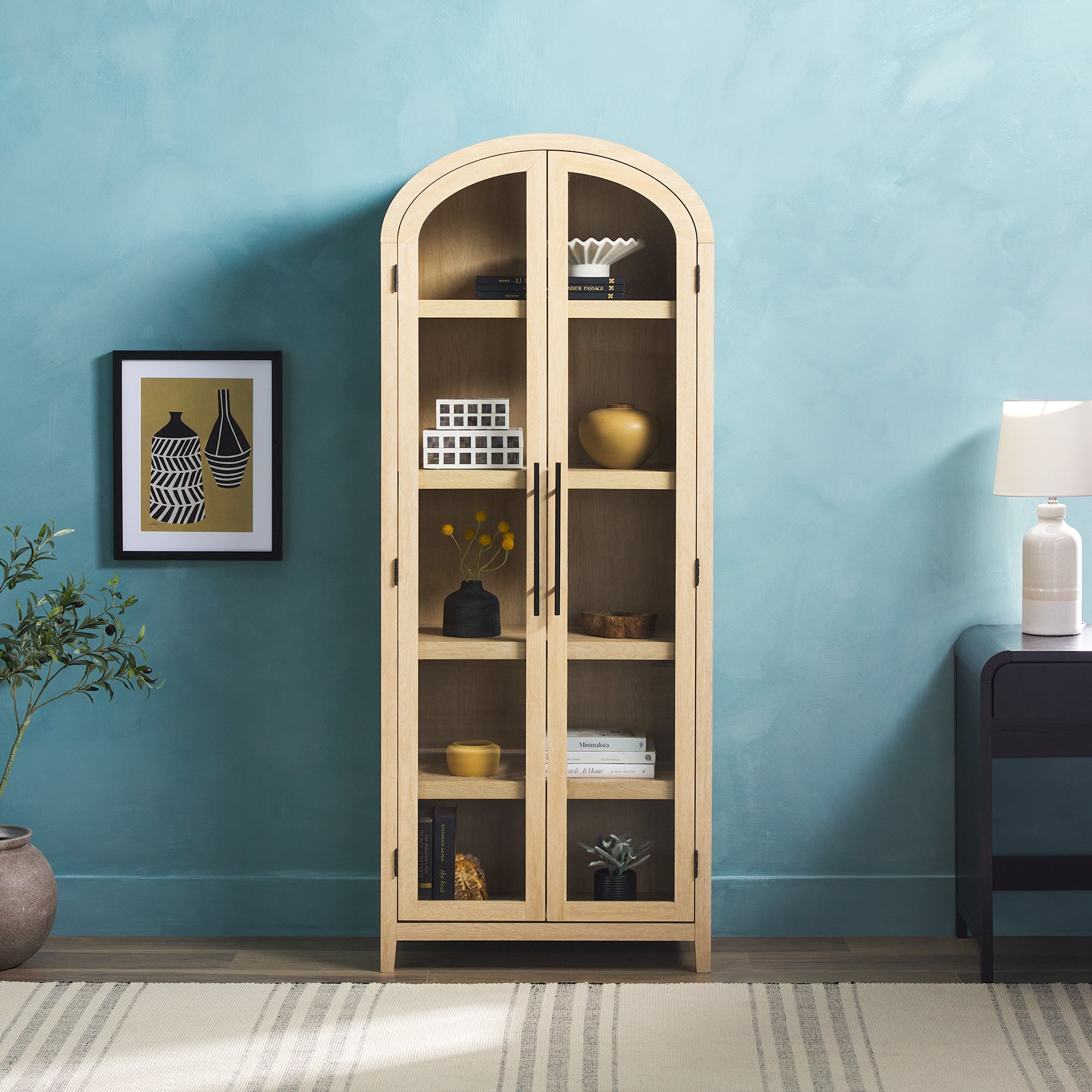 Modern 5 Shelf Arched Tall Bookcase With Glass Doors Oak Oak Mdf Mdf