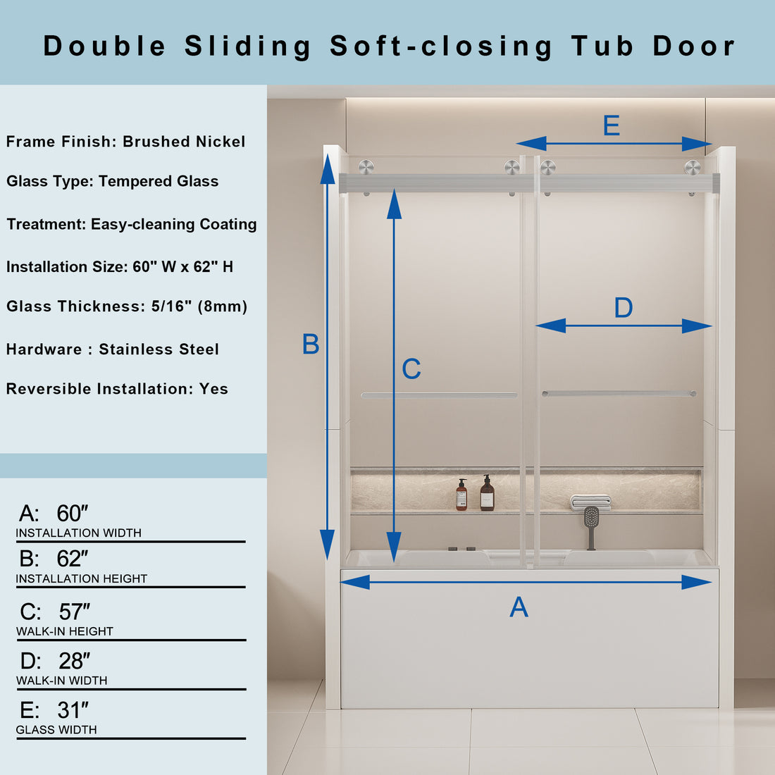 56 60 In. W X 62 In. H Frameless Double Sliding Tub Door, Bypass Tub Shower Door Soft Closing, Brushed Nickel 24D02 T60Bnx Brushed Nickel Tempered Glass