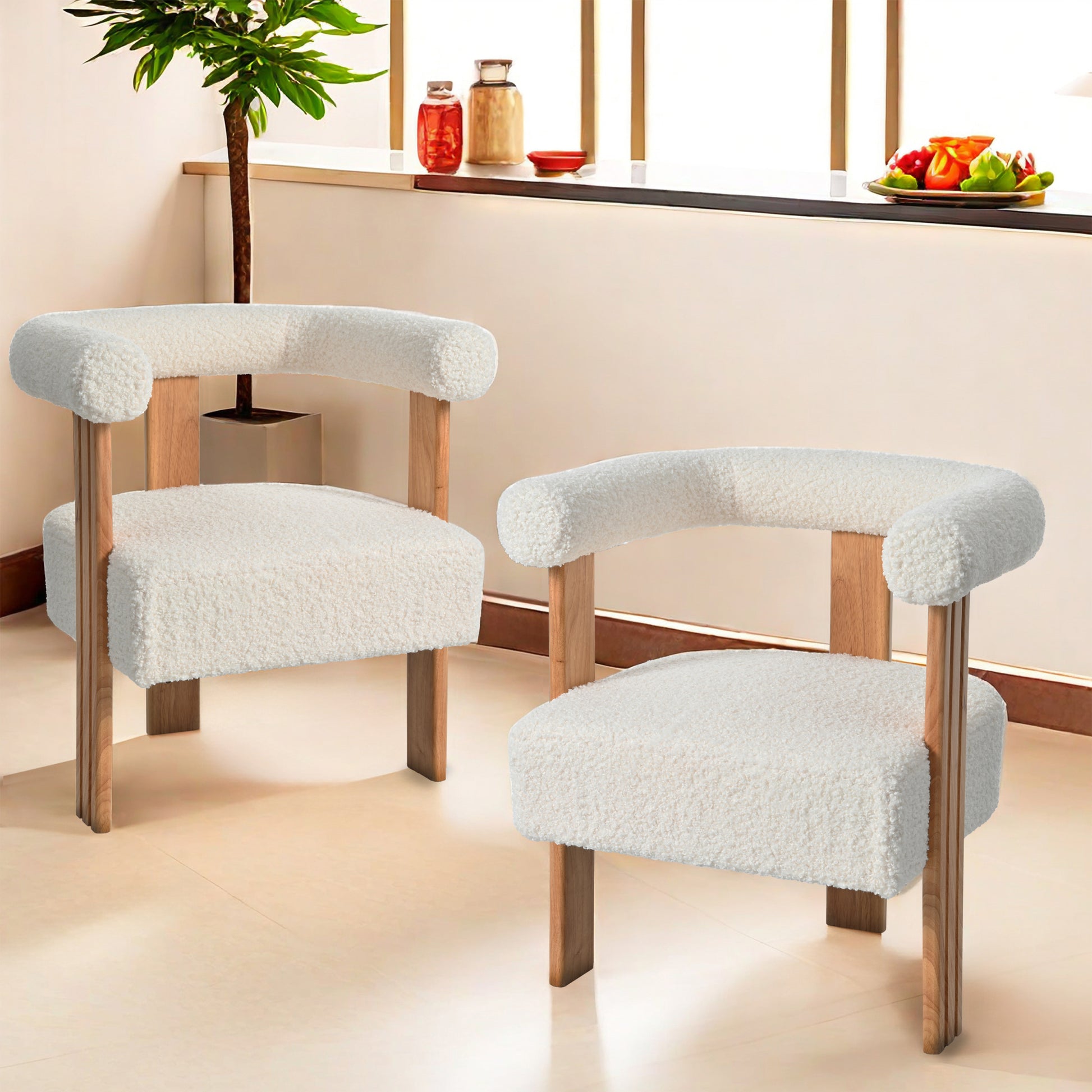 Mid Century Modern Barrel Accent Chair, Upholstered Kitchen & Dining Room Chairs With Arms, Teddy Velvet Boucle Accent Chairs Side Chairs For Kitchen Living Room Bedroom, White White Teddy