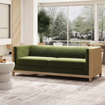 Georgia 81" Cane Rattan Tuxedo Sofa, Olive Green Performance Velvet Olive Green Foam Wood Fabric Rattan 2 Seat