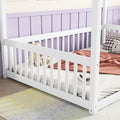 Full Size Canopy Frame Floor Bed With Fence, Guardrails,White Full White American Design Pine