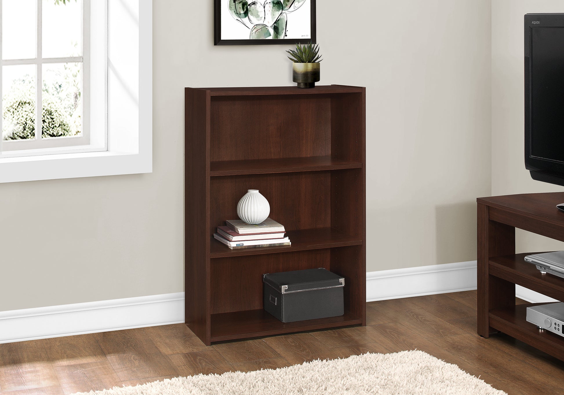 Bookshelf, Bookcase, 4 Tier, 36"H, Office, Bedroom, Brown Laminate, Transitional Cherry Particle Board