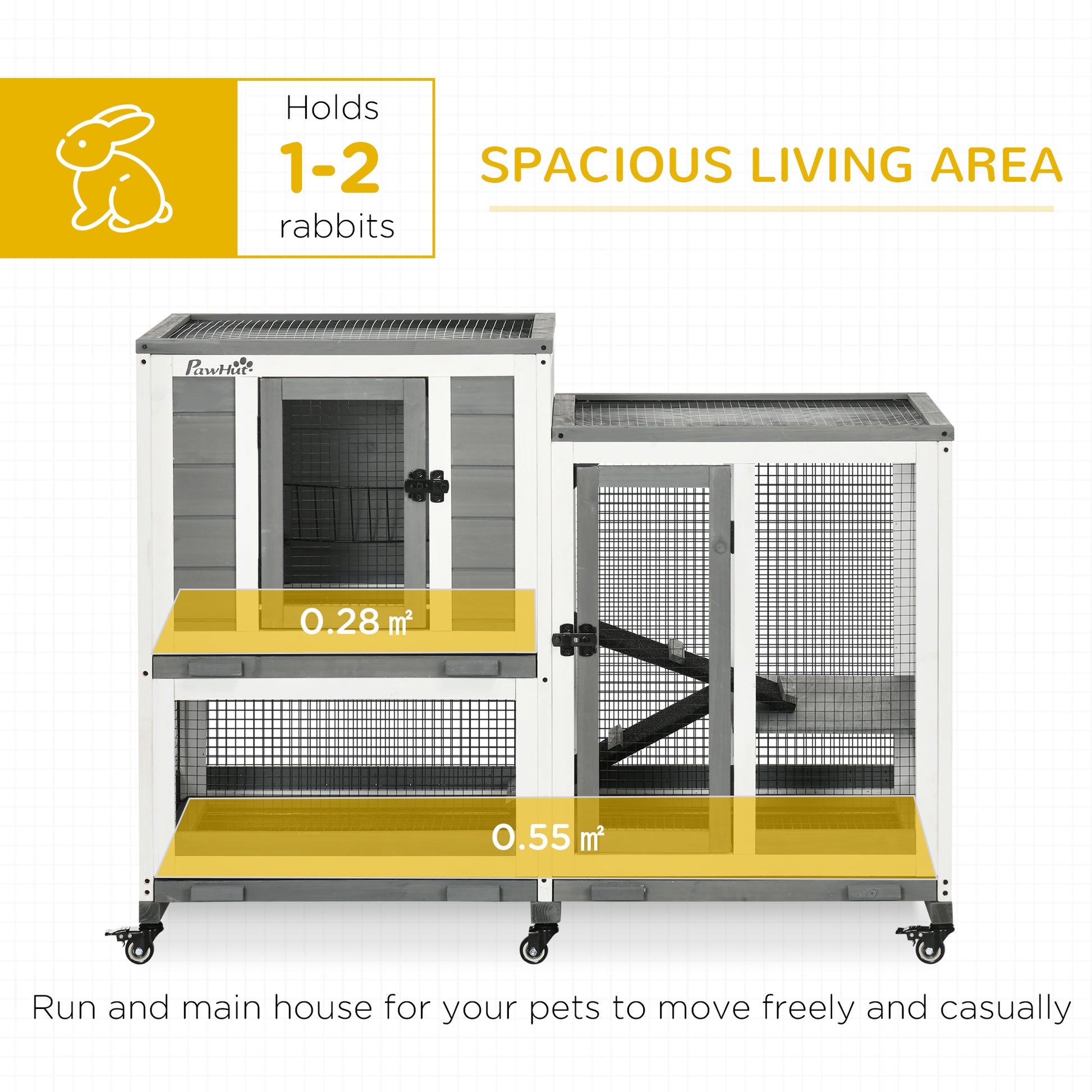 Pawhut Indoor Rabbit Hutch, Three Story Wooden Rabbit Cage Bunny Hutch With Runs, Wheels, Waterproof Roof And Removable Trays, Gray Gray Wood