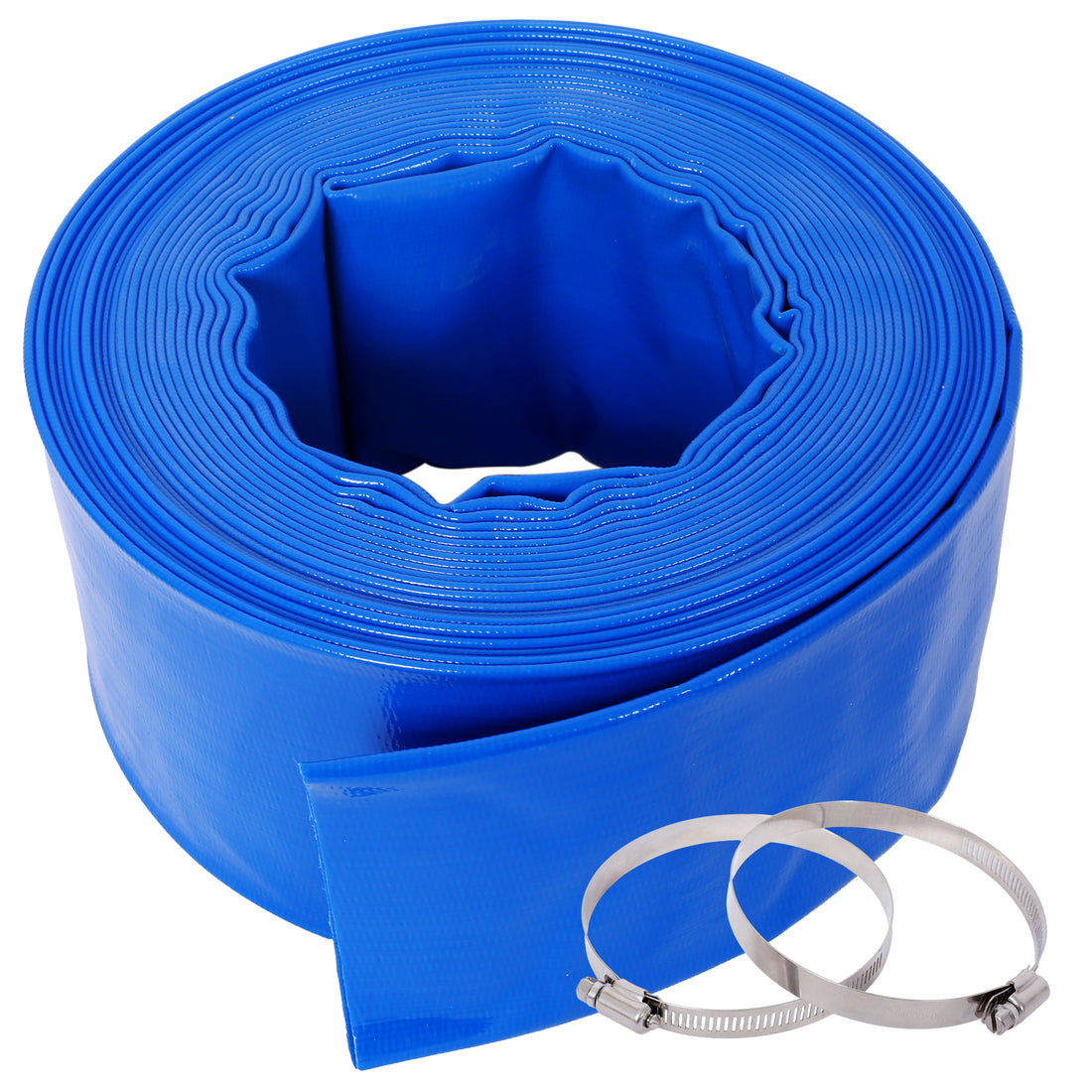 3"X50Ftpool Backwash Hose, Blue Heavy Duty Reinforced Pvc Lay Flat Water Discharge Hose For Swimming Pool Filter Pump,With 2 Clamp Blue Pvc