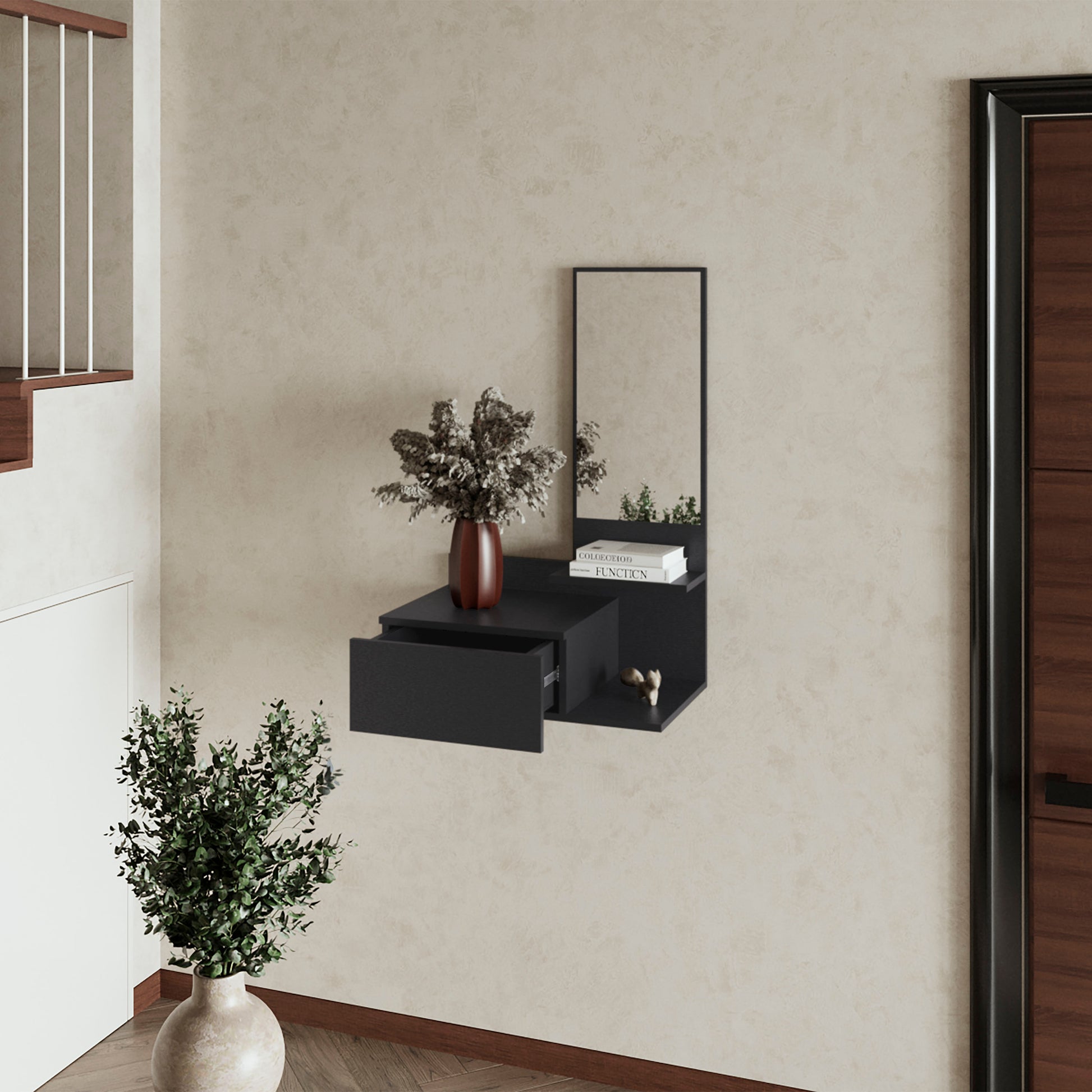 Elgin Floating Vanity With Included Mirror, Black Black Primary Living Space Modern Particle Board Melamine