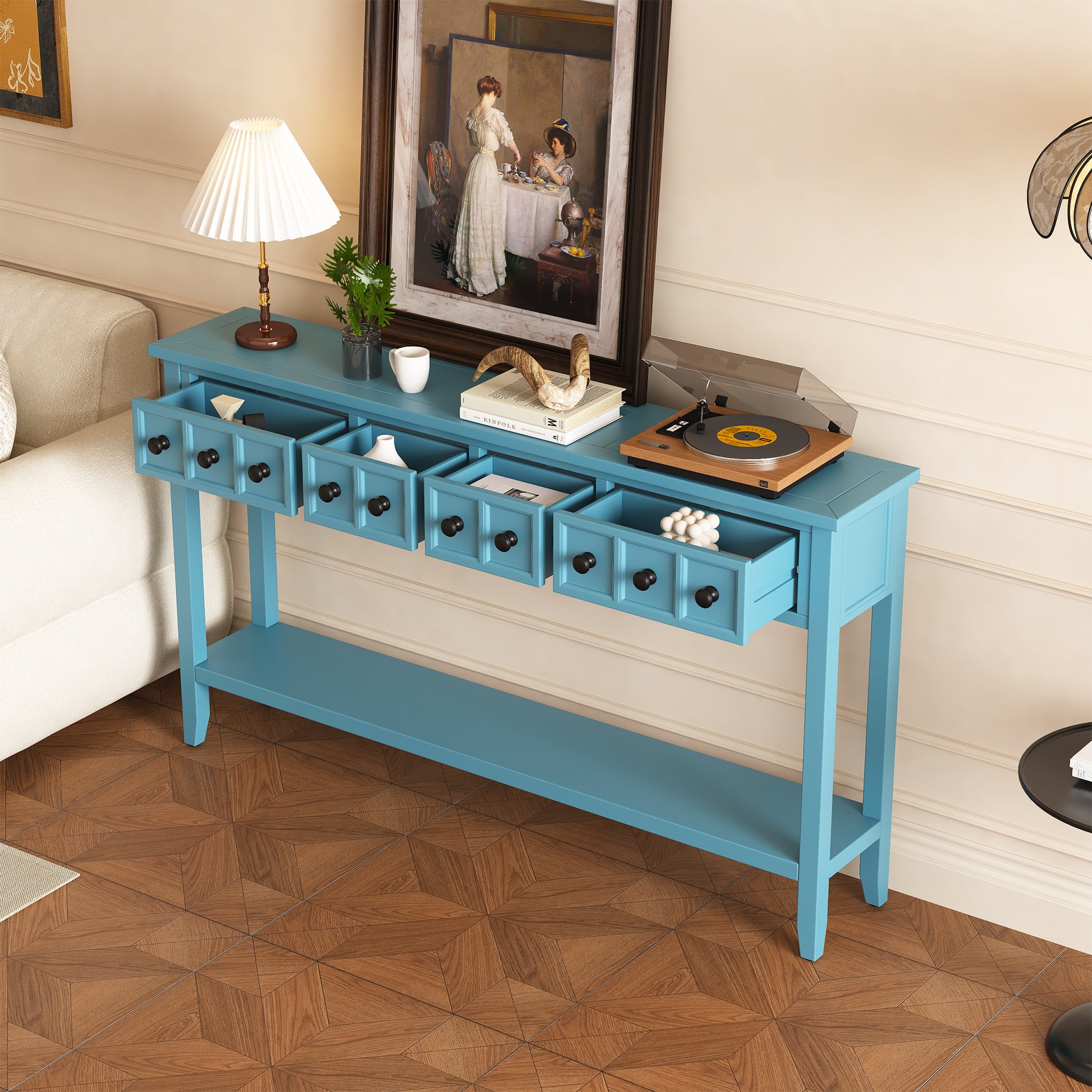 Rustic Entryway Console Table, 60" Long Sofa Table With Two Different Size Drawers And Bottom Shelf For Storage Turquoise Green Turquoise Green Solid Wood