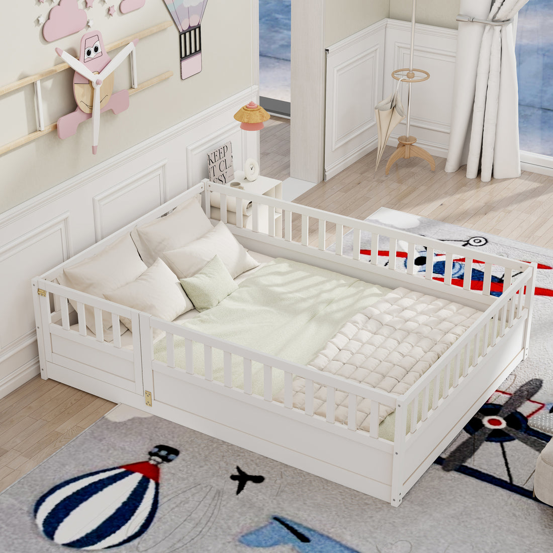 Full Size Floor Bed, Integral Construction With Super High Security Barrier, Door, Children'S Floor Bed Frame, Montessori Wooden Children'S Floor Bed, Support Slat White Box Spring Required Full White Wood Brown Bedroom American Design,Artsy Pine Bed