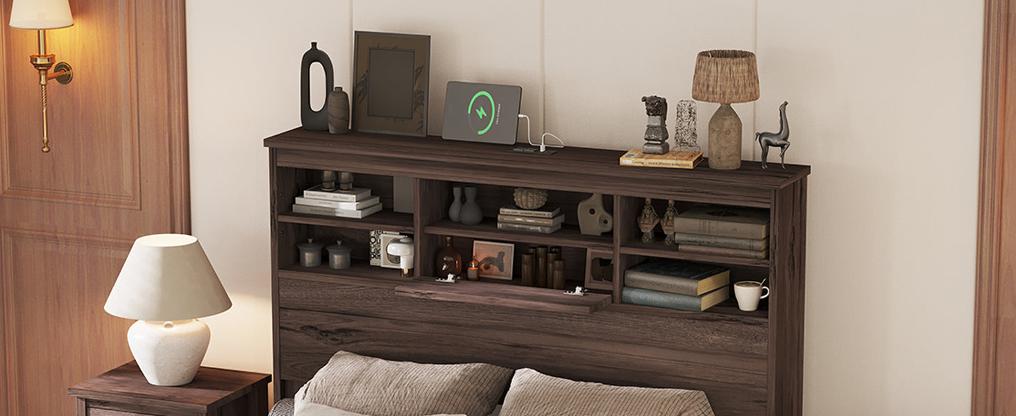Queen Size Wooden Platform Bed With Storage Headboard,American Country Style Bed With Usb Charging Ports,Dark Walnut Queen Walnut American Traditional Mdf