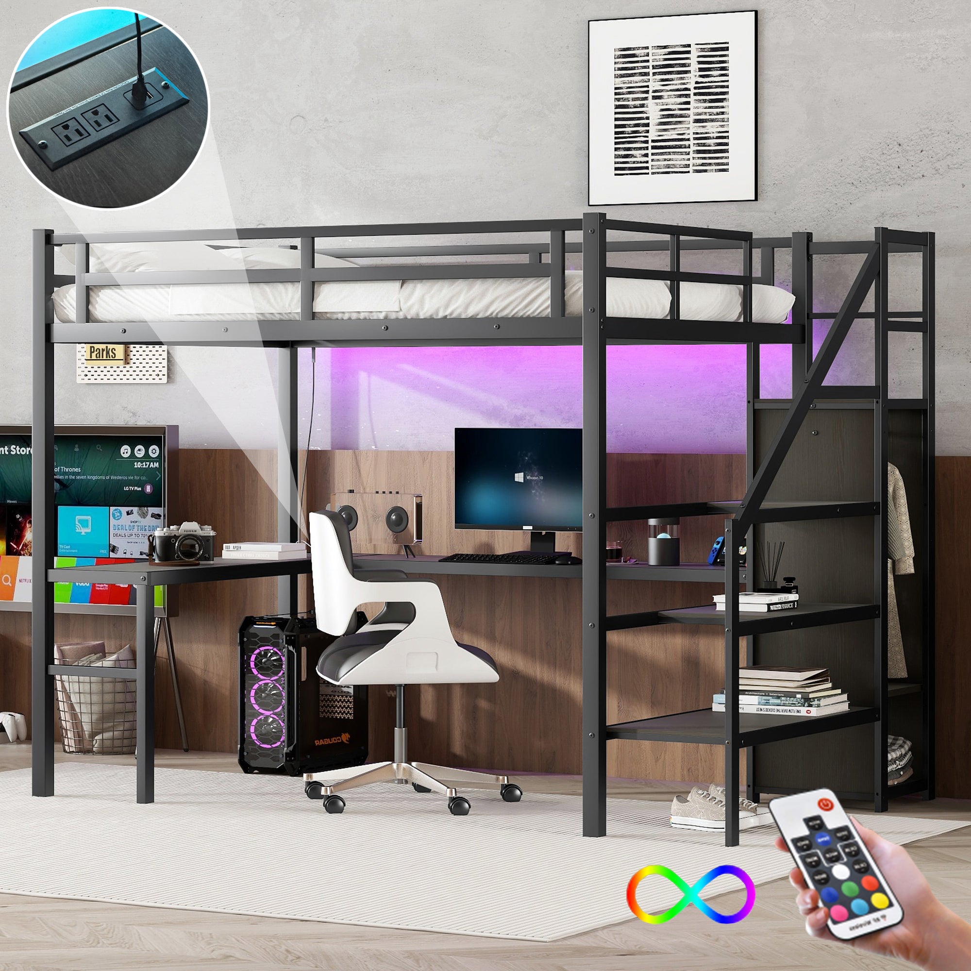 Full Xl Size Loft Bed With L Shaped Desk And Usb, Metal Loft Bed With Wardrobe And Adjustable Shelf, High Loft Bed With Led For Kids Teens Adults, Black Expect Arrive 2024 10 10 Full Xl Black Metal